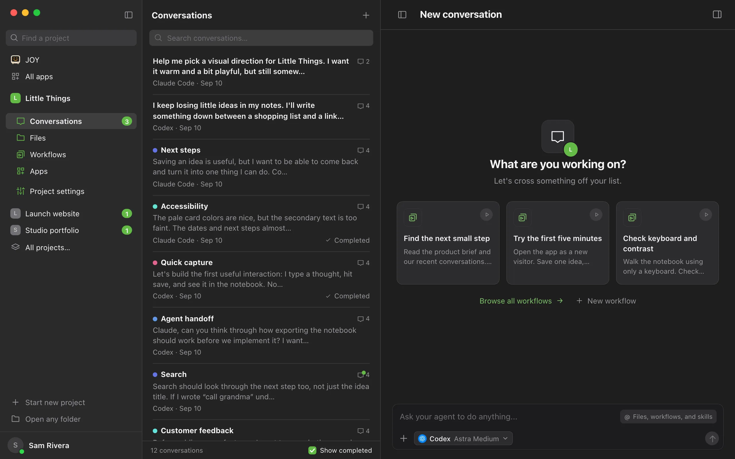 The footer of the conversation list, showing the number of conversations and the Show completed checkbox. Highlighted: Show completed.