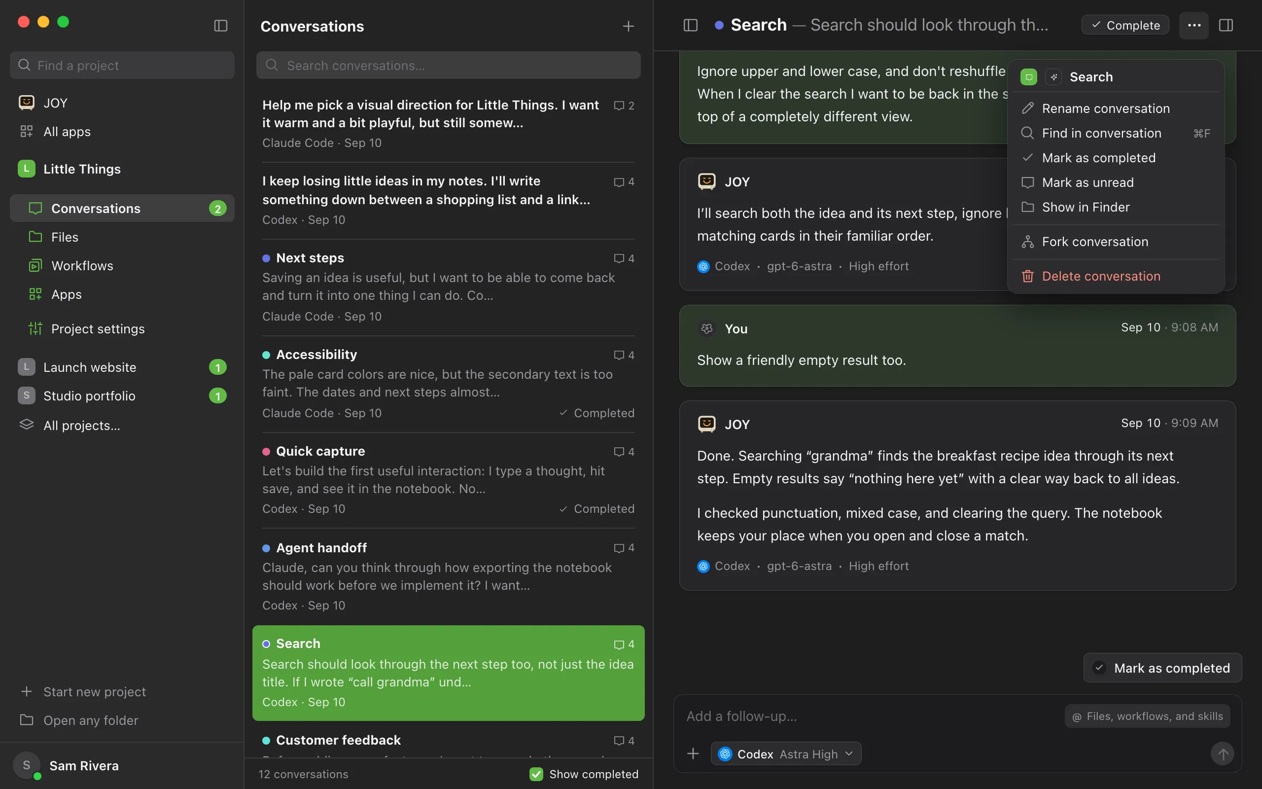 The Conversation actions menu, opened from the ⋯ button at the top right of a conversation. Highlighted: Mark as unread.
