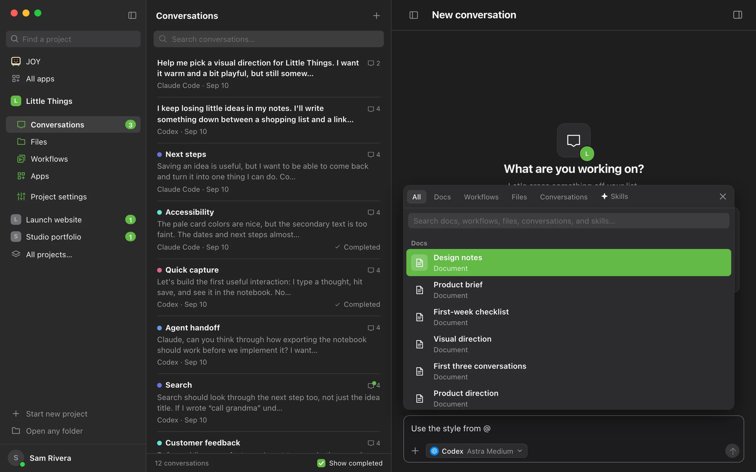 The message box with "Use the style from @" typed, and the picker open above it on the All tab, listing the project’s docs first. Highlighted: The All, Docs, Workflows, Files, and Conversations tabs.
