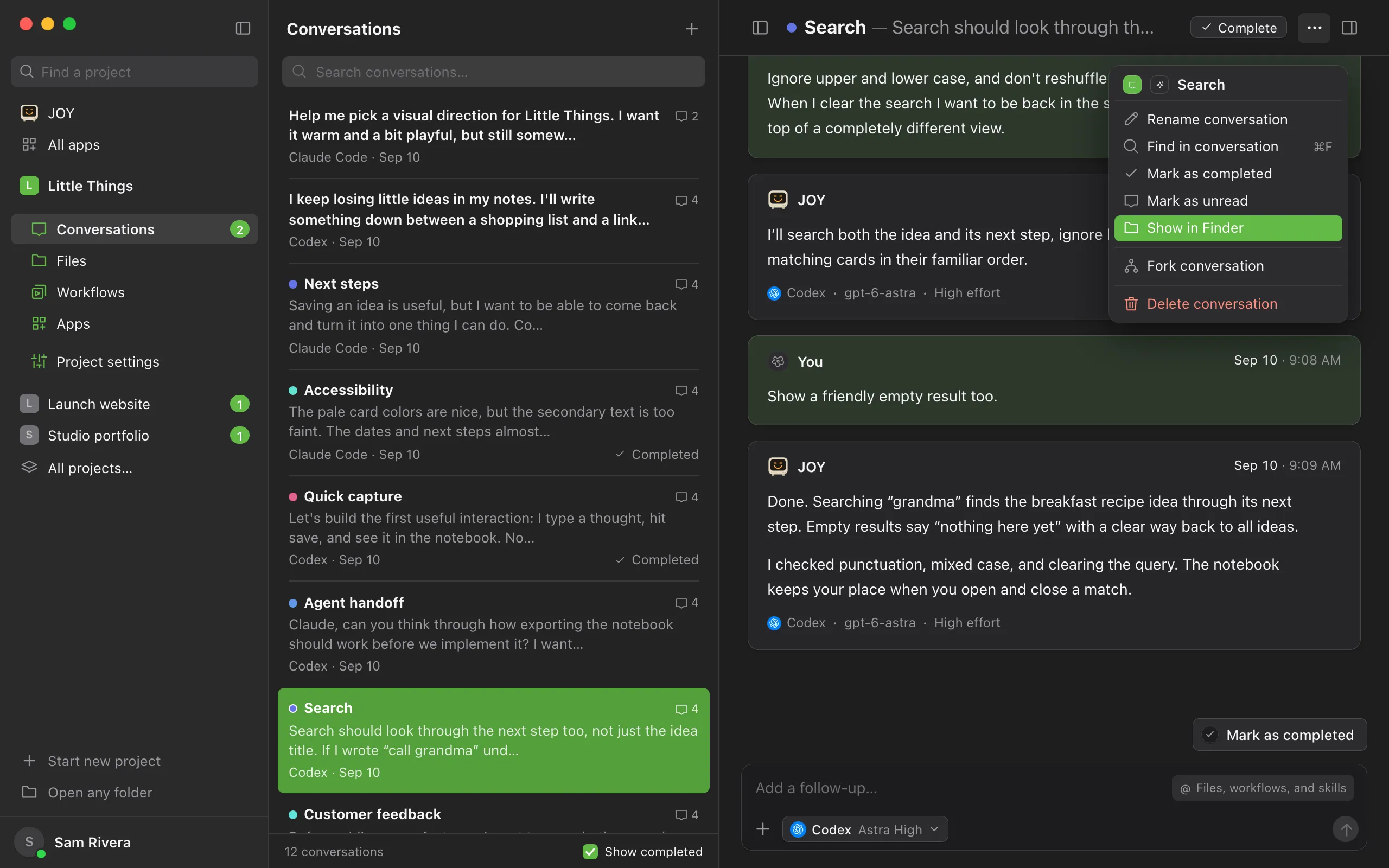 The Conversation actions menu, opened from the ⋯ button at the top right of a conversation. Highlighted: Show in Finder.