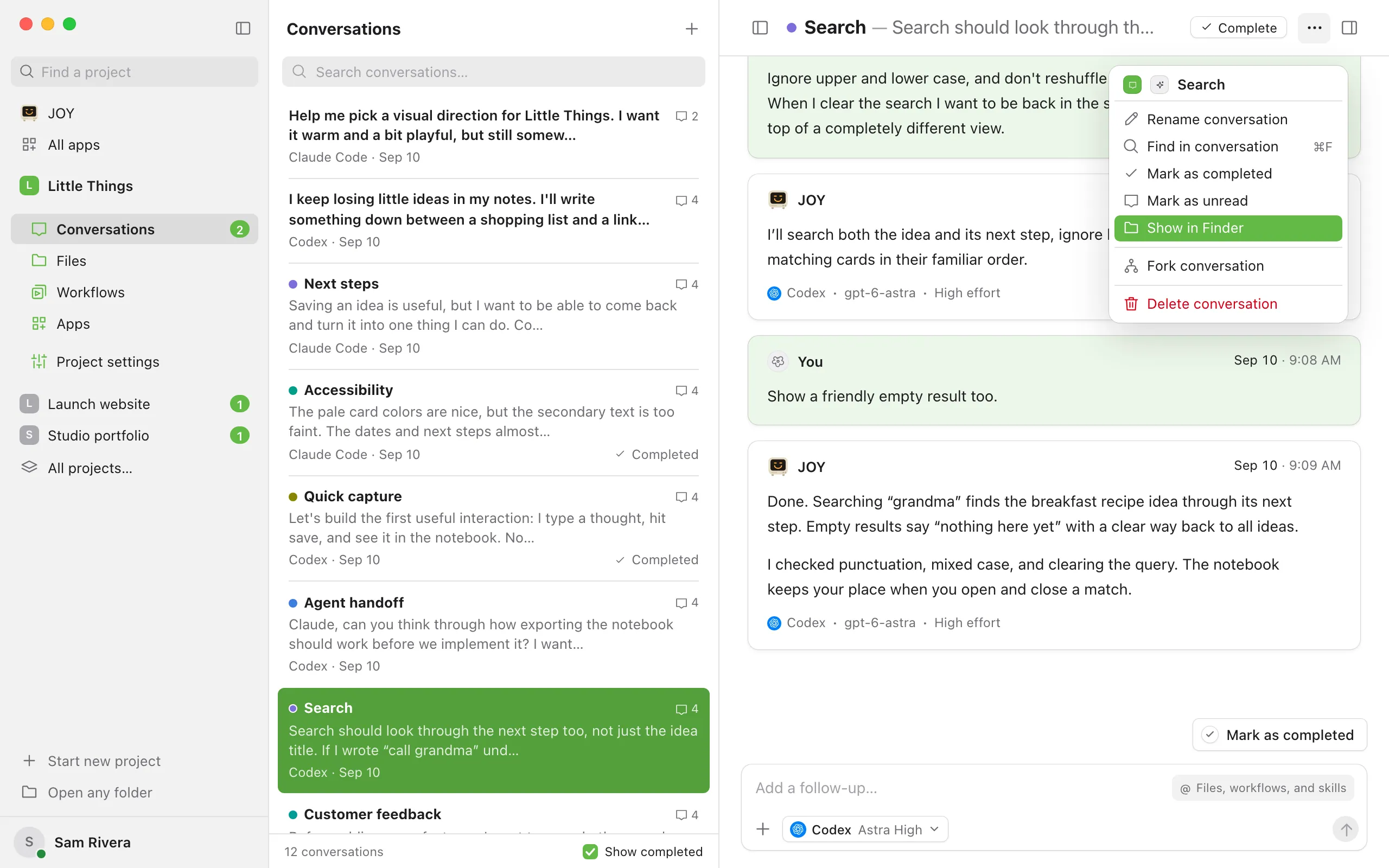The Conversation actions menu, opened from the ⋯ button at the top right of a conversation. Highlighted: Show in Finder.