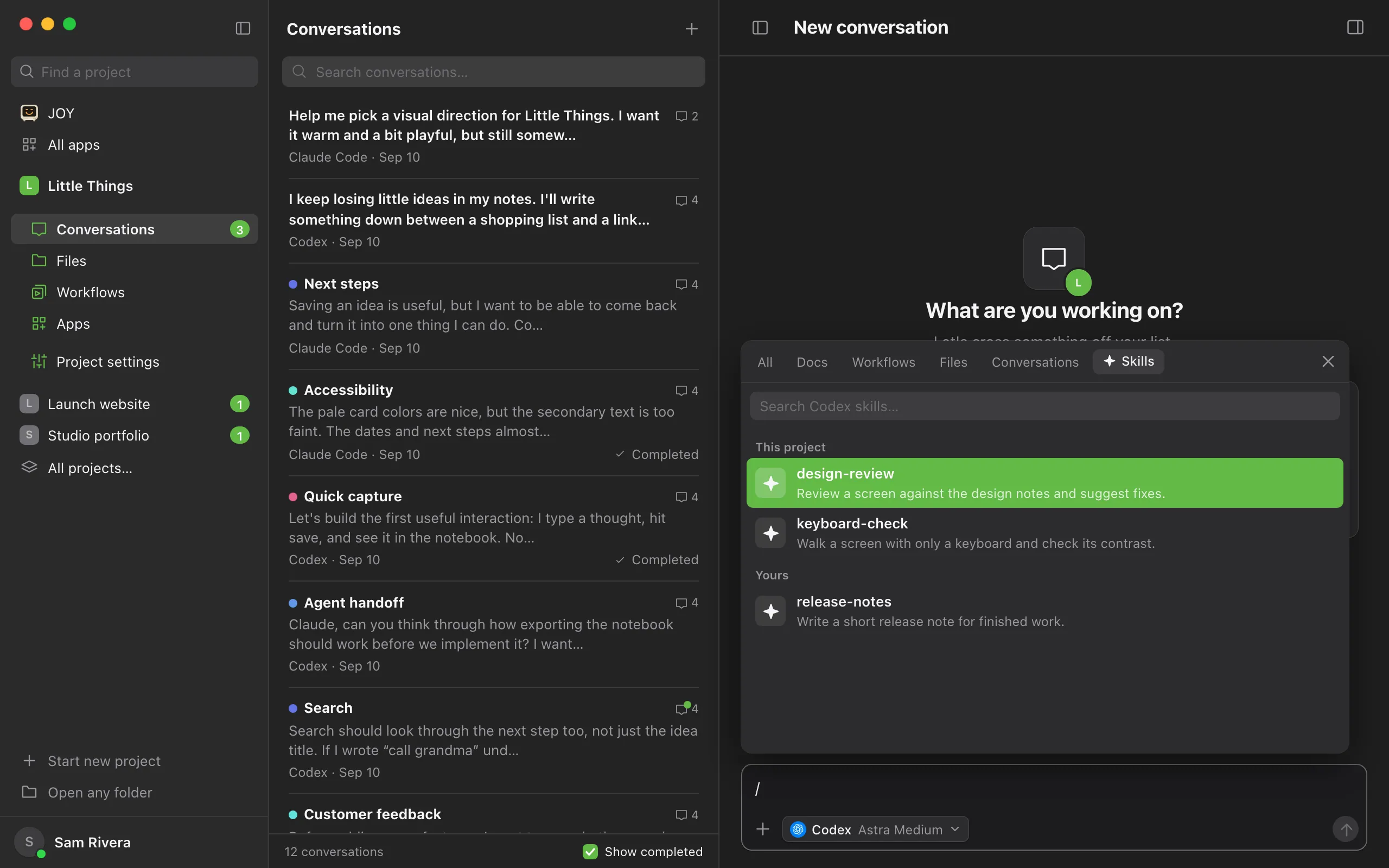 The message box with / typed, and the picker open above it on the Skills tab, listing the project’s skills and your own. Highlighted: The Skills tab.