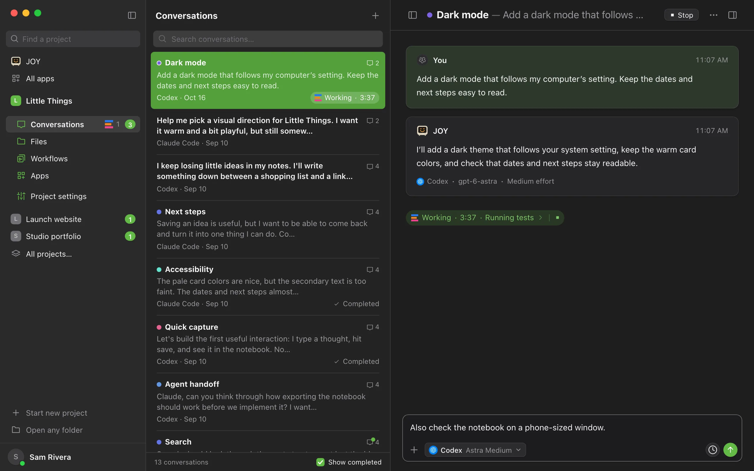 A conversation where the agent is working, with a follow-up typed in the message box. Highlighted: The clock button (Queue) and the arrow button (Send).