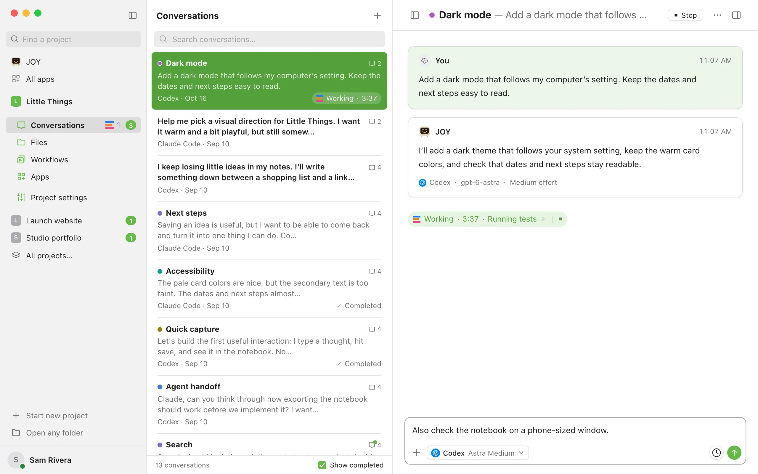A conversation where the agent is working, with a follow-up typed in the message box. Highlighted: The clock button (Queue) and the arrow button (Send).