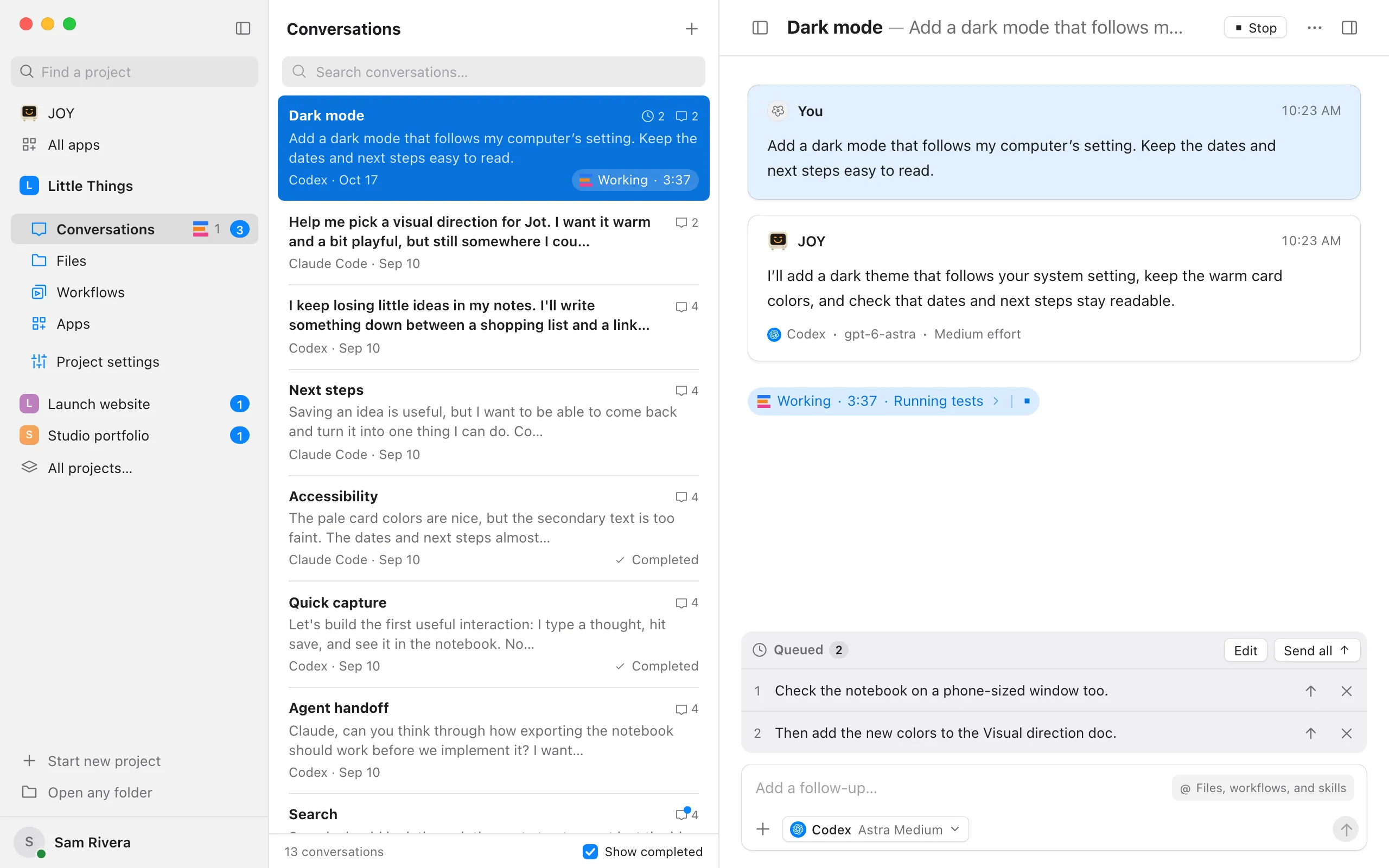 Two queued messages above the message box under the Queued heading. Highlighted: The queued messages, with Edit, Send all and each message’s arrow and X.