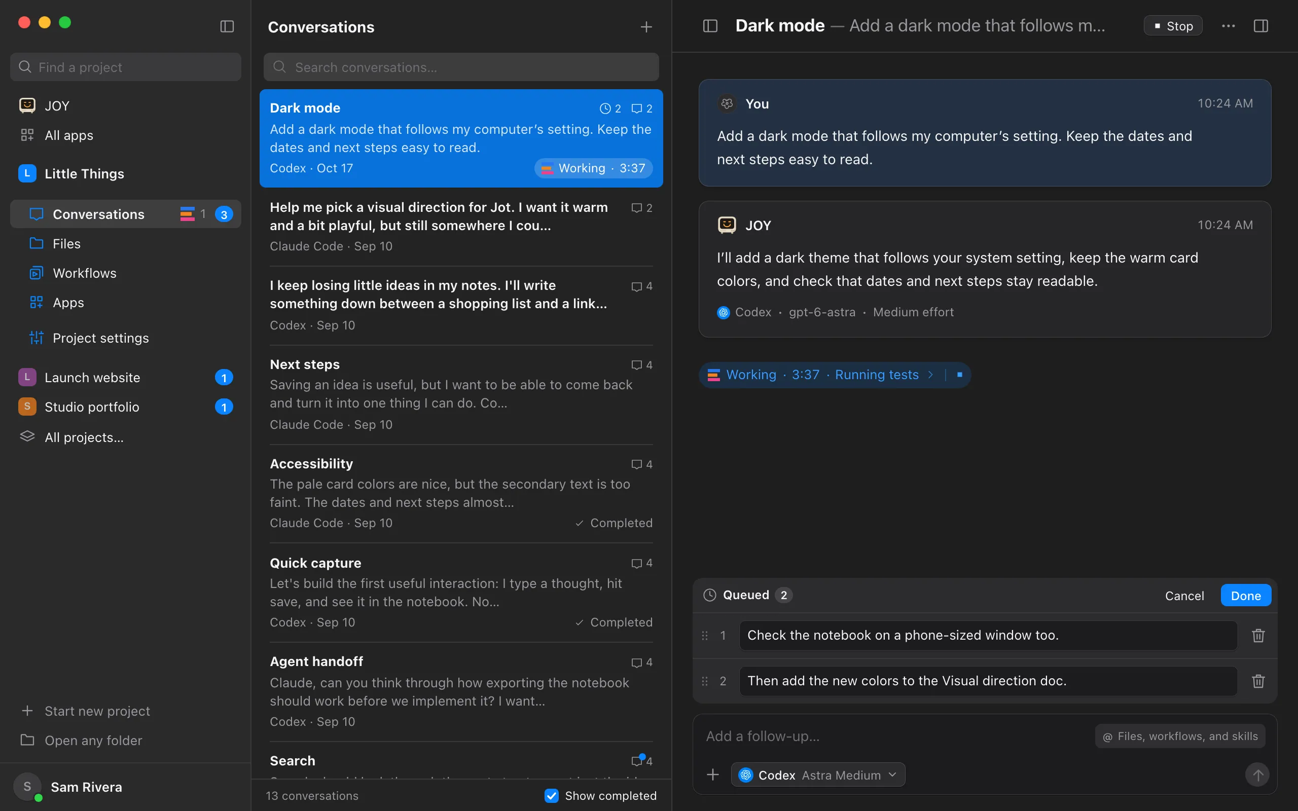The queued messages being edited, each in a box with a drag handle and a trash button. Highlighted: The queue in Edit, with Cancel and Done.
