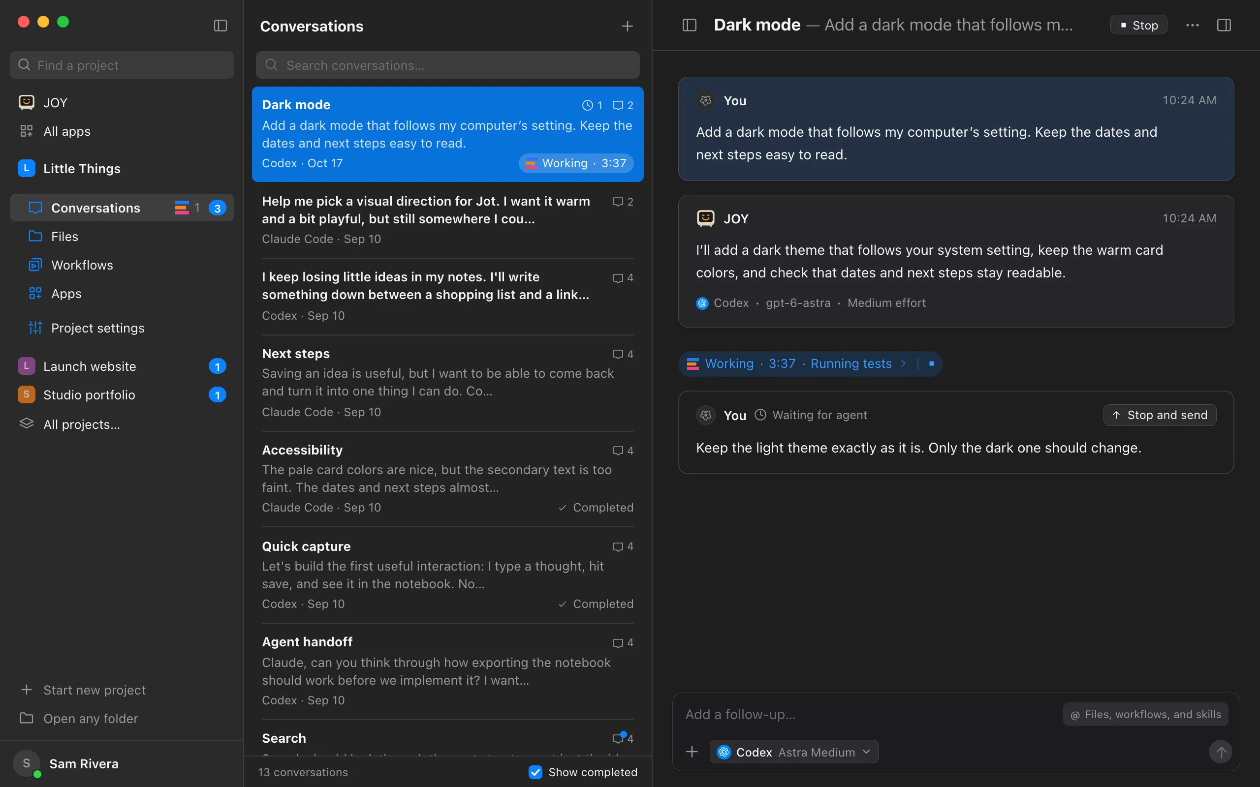 A sent follow-up at the end of the conversation, marked Waiting for agent. Highlighted: Stop and send.