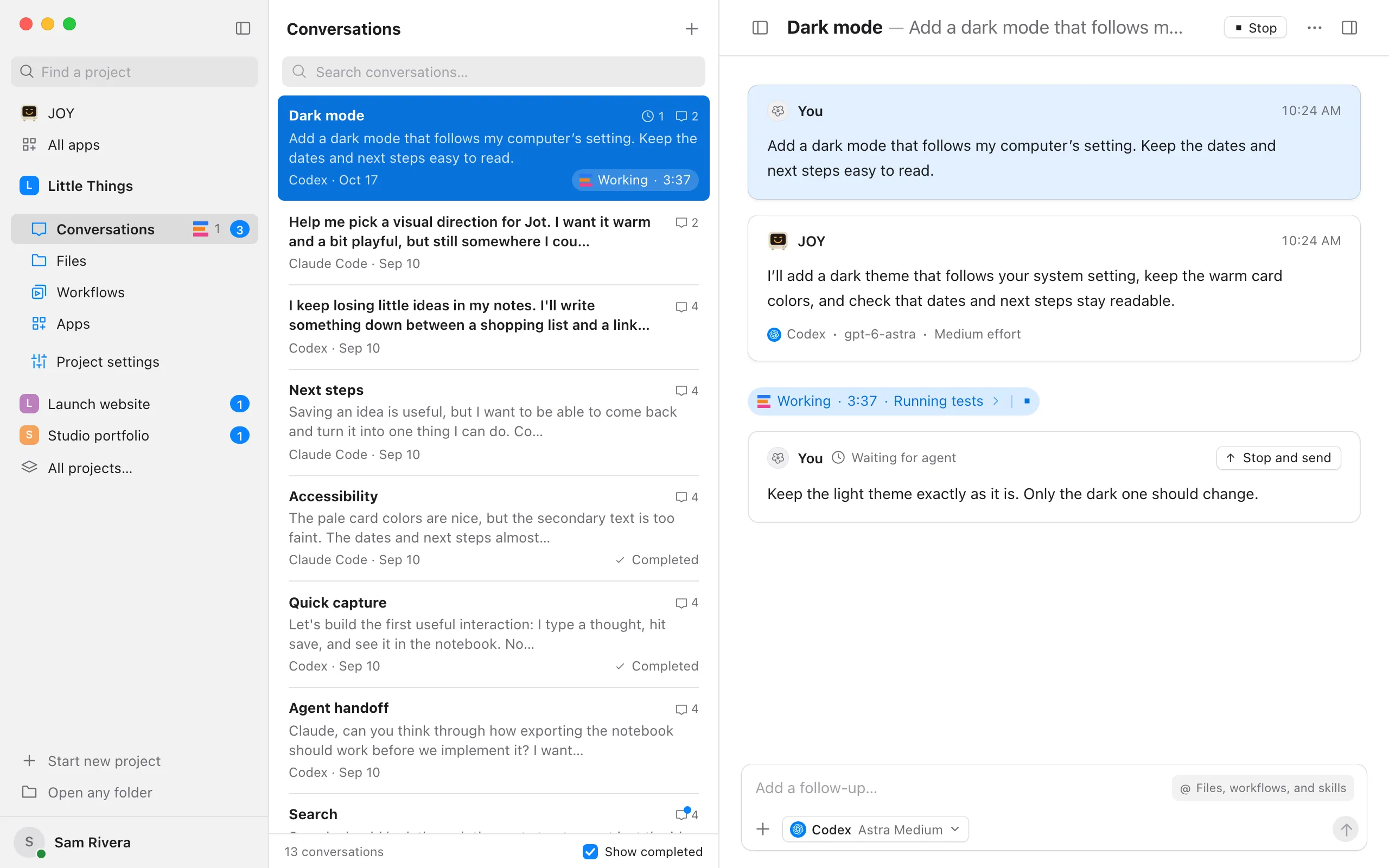 A sent follow-up at the end of the conversation, marked Waiting for agent. Highlighted: Stop and send.