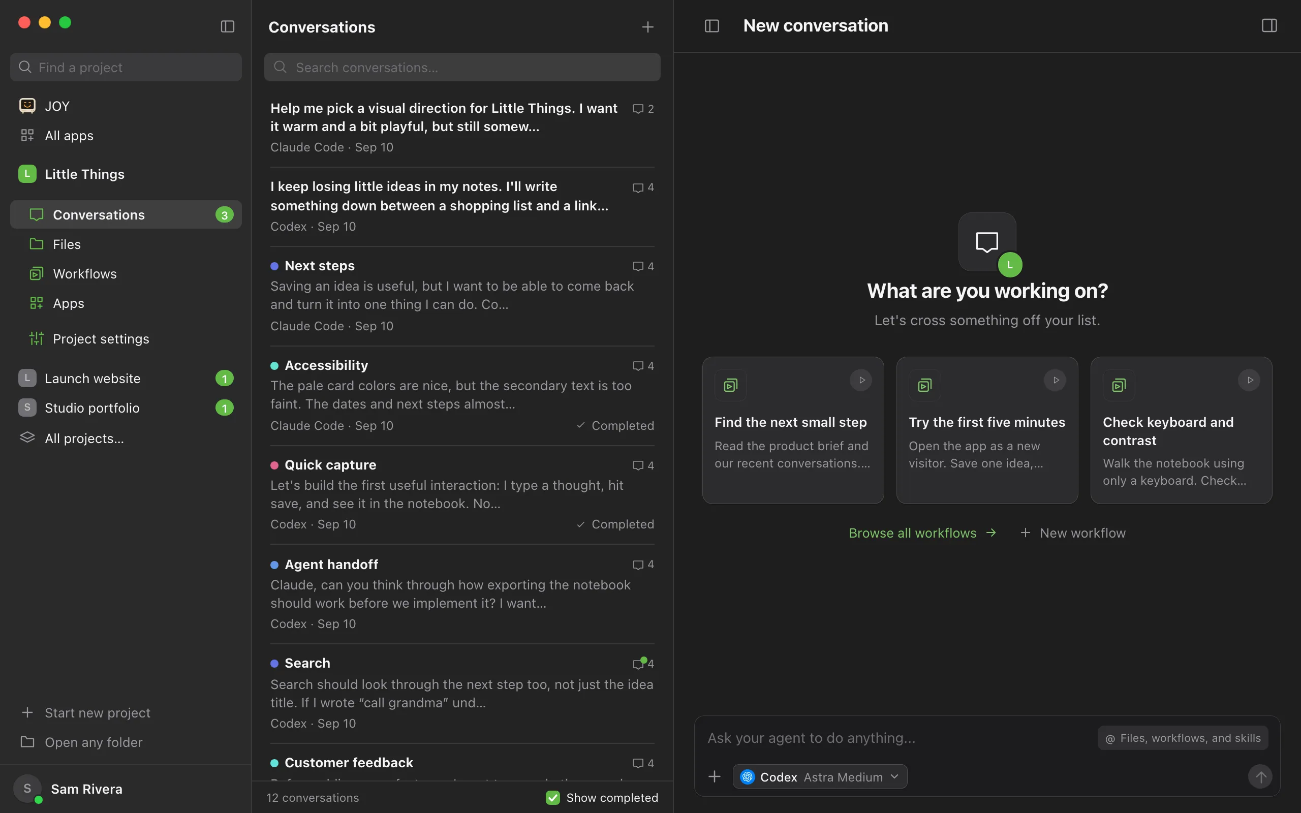 A project's Conversations section, with the conversation list on the left. Highlighted: The + button beside the Conversations heading.
