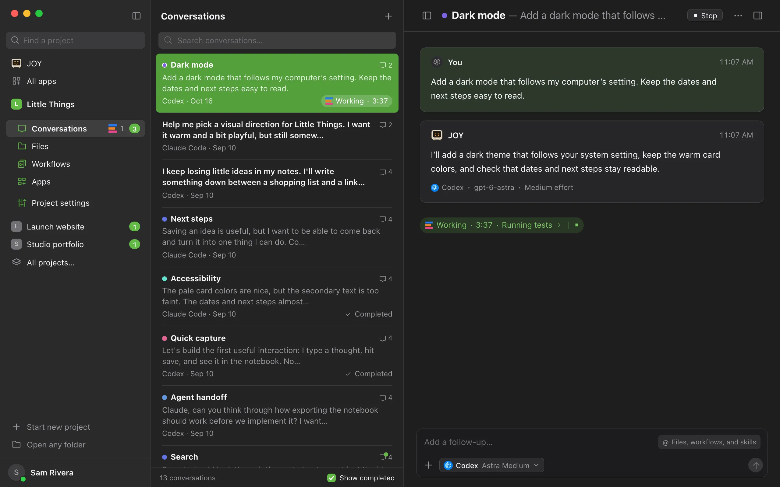 A conversation where the agent is working, with Stop beside its title. Highlighted: Stop.