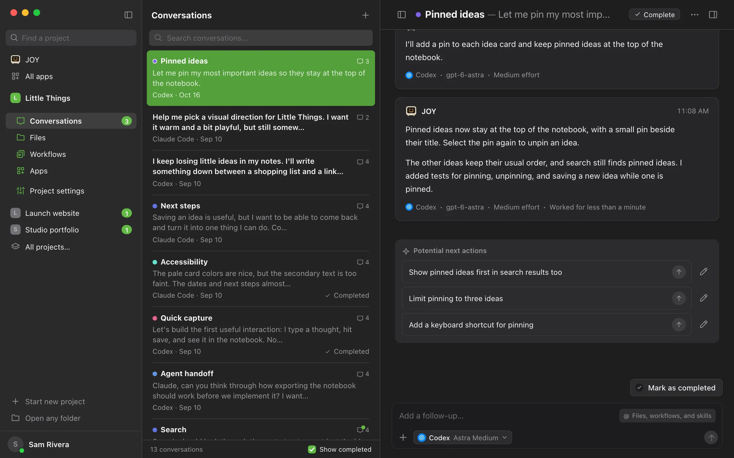 The end of a conversation after the agent's final reply, with three suggestions under Potential next actions. Highlighted: Potential next actions.