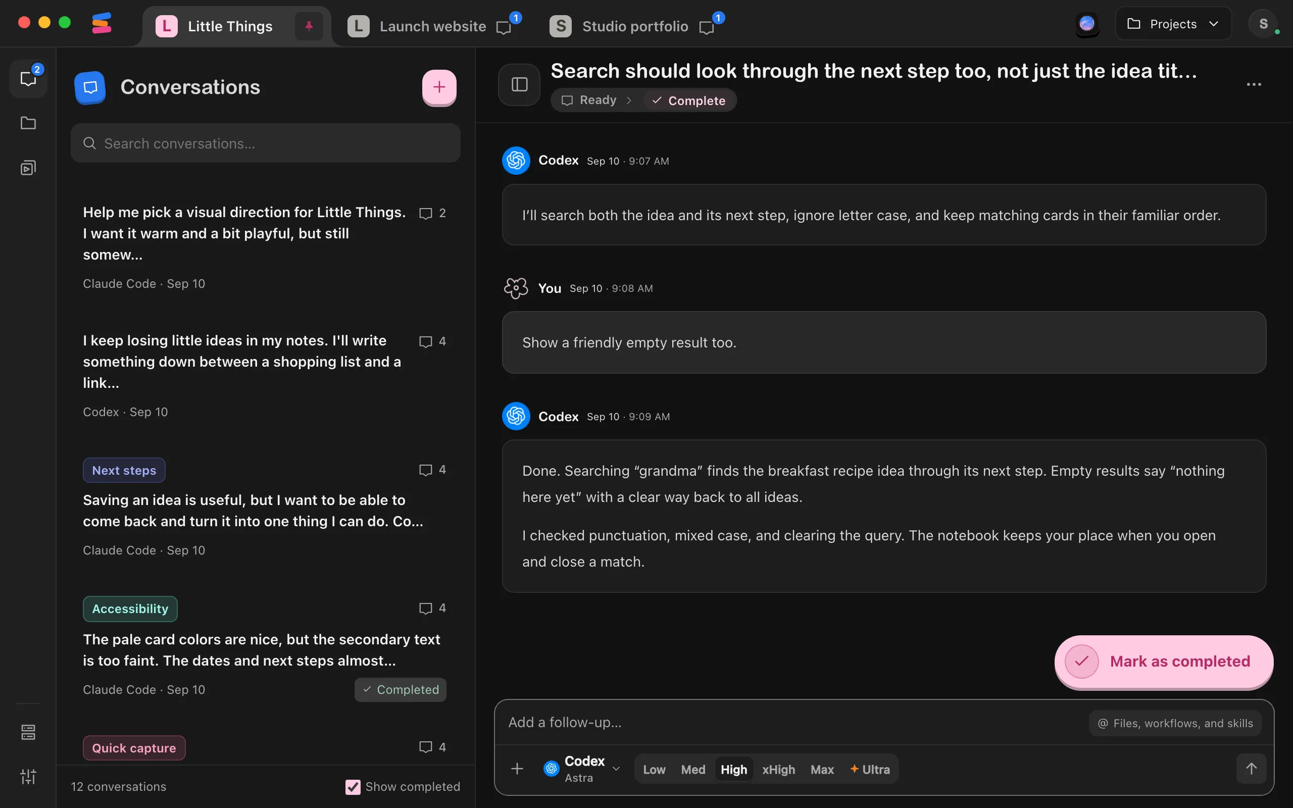 The message box in focus, with the effort levels showing beside the agent settings button. Highlighted: The effort levels.