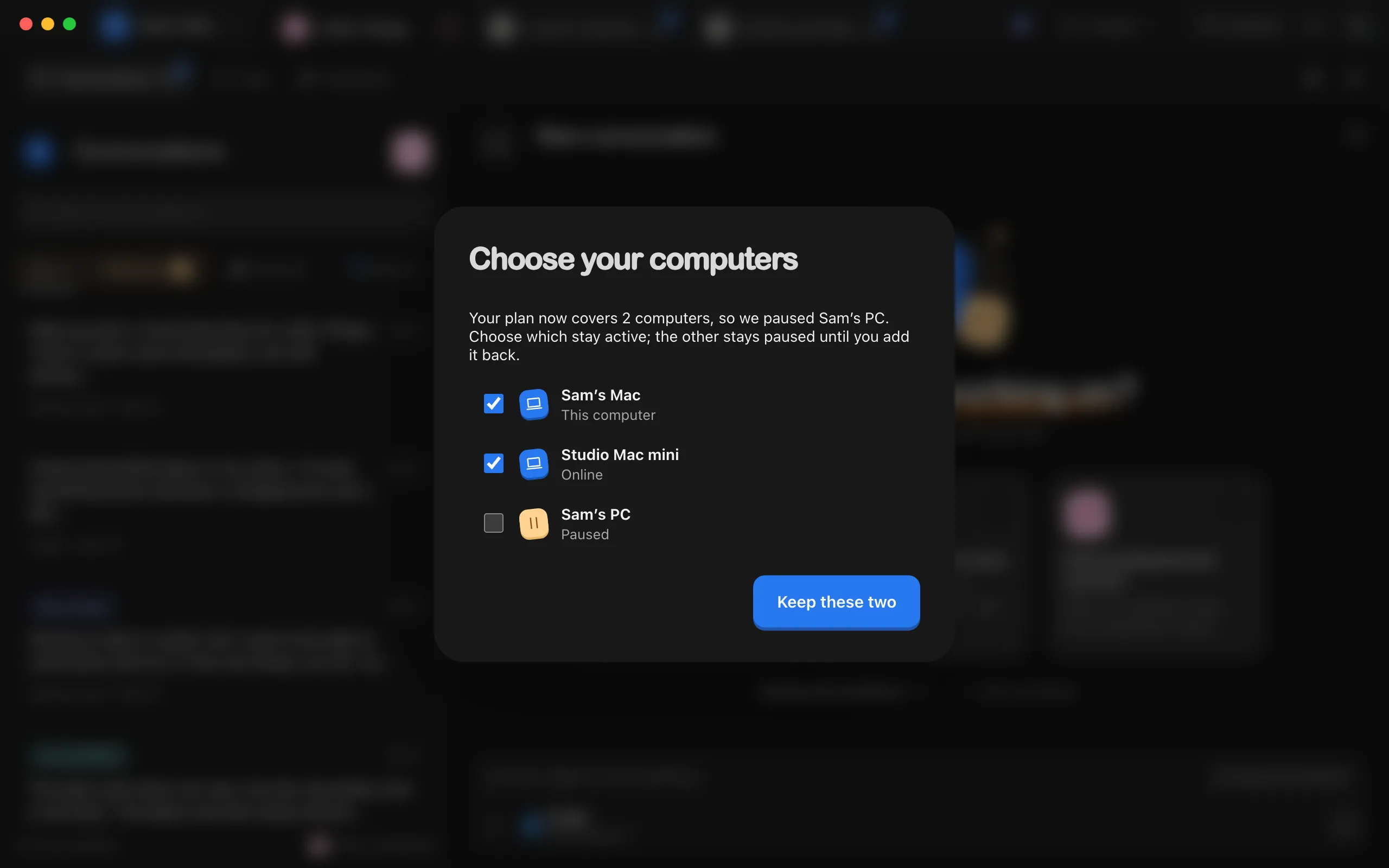 The same window with two computers checked and Keep these two ready. Highlighted: The Keep button.