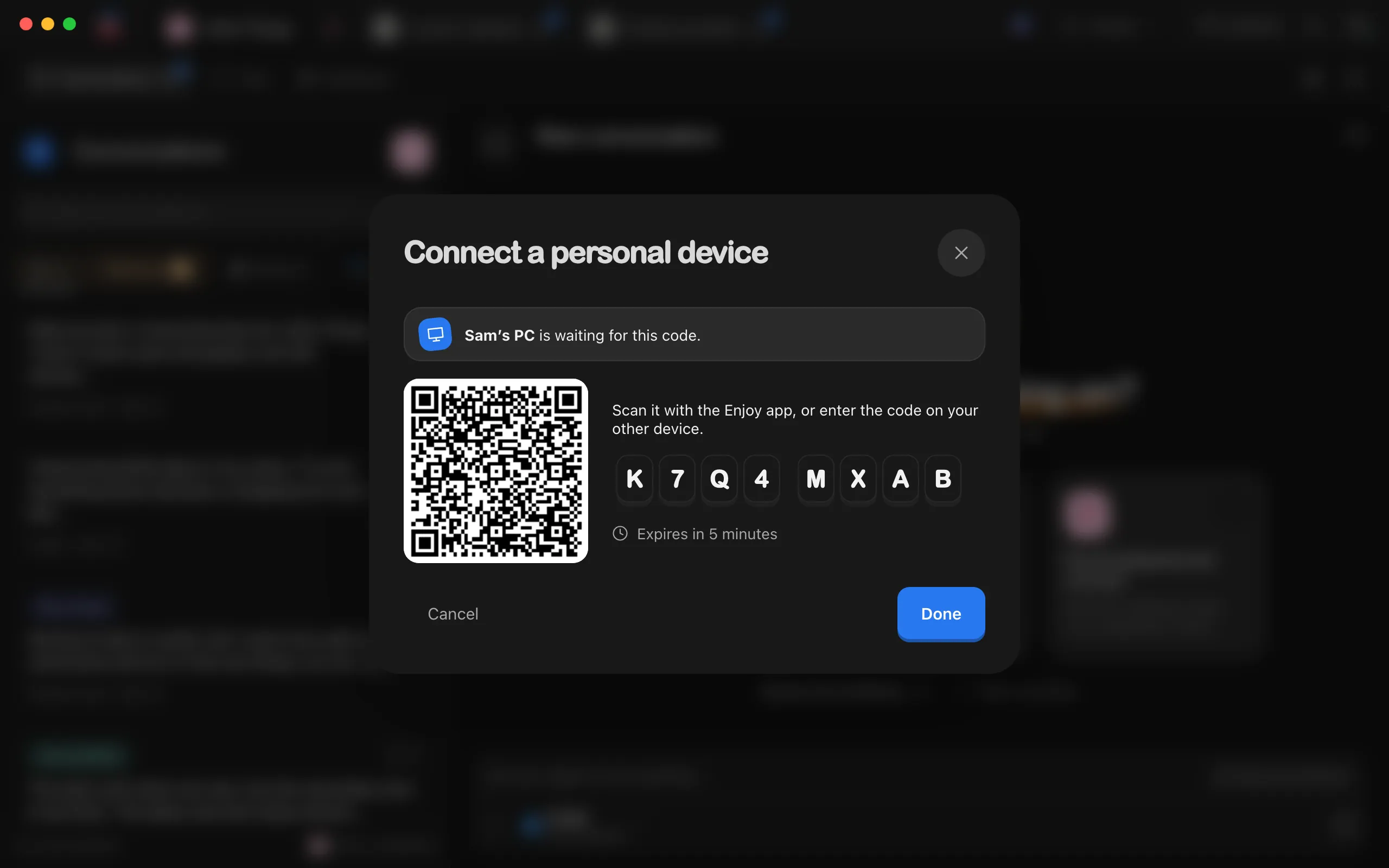 The main computer’s Connect a personal device window, saying Sam’s PC is waiting for this code. Highlighted: The eight-character code.