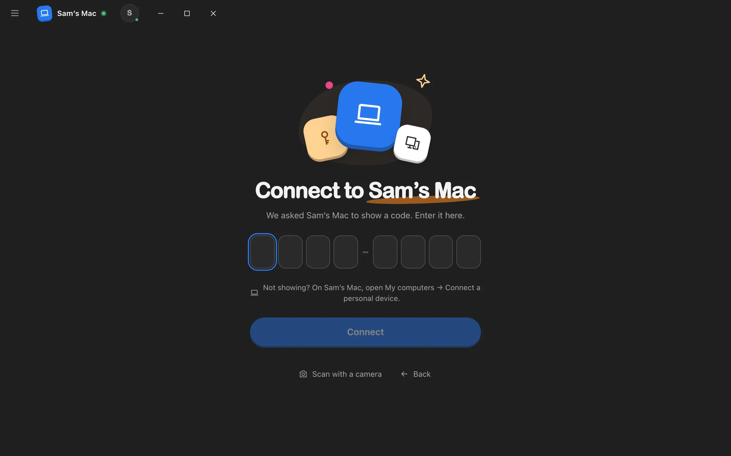 The second computer’s code page: We asked Sam’s Mac to show a code. Enter it here. Highlighted: The code boxes.