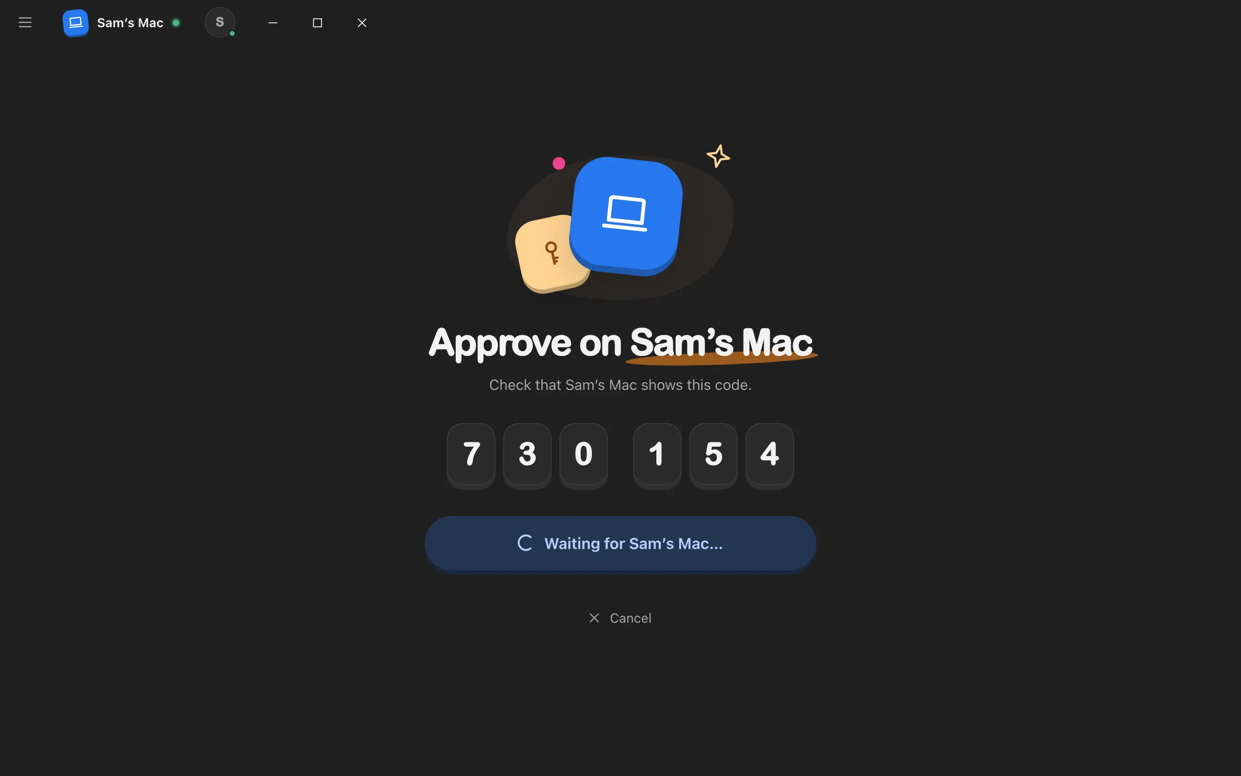 The second computer showing Approve on Sam’s Mac, with six digits. Highlighted: The six digits.
