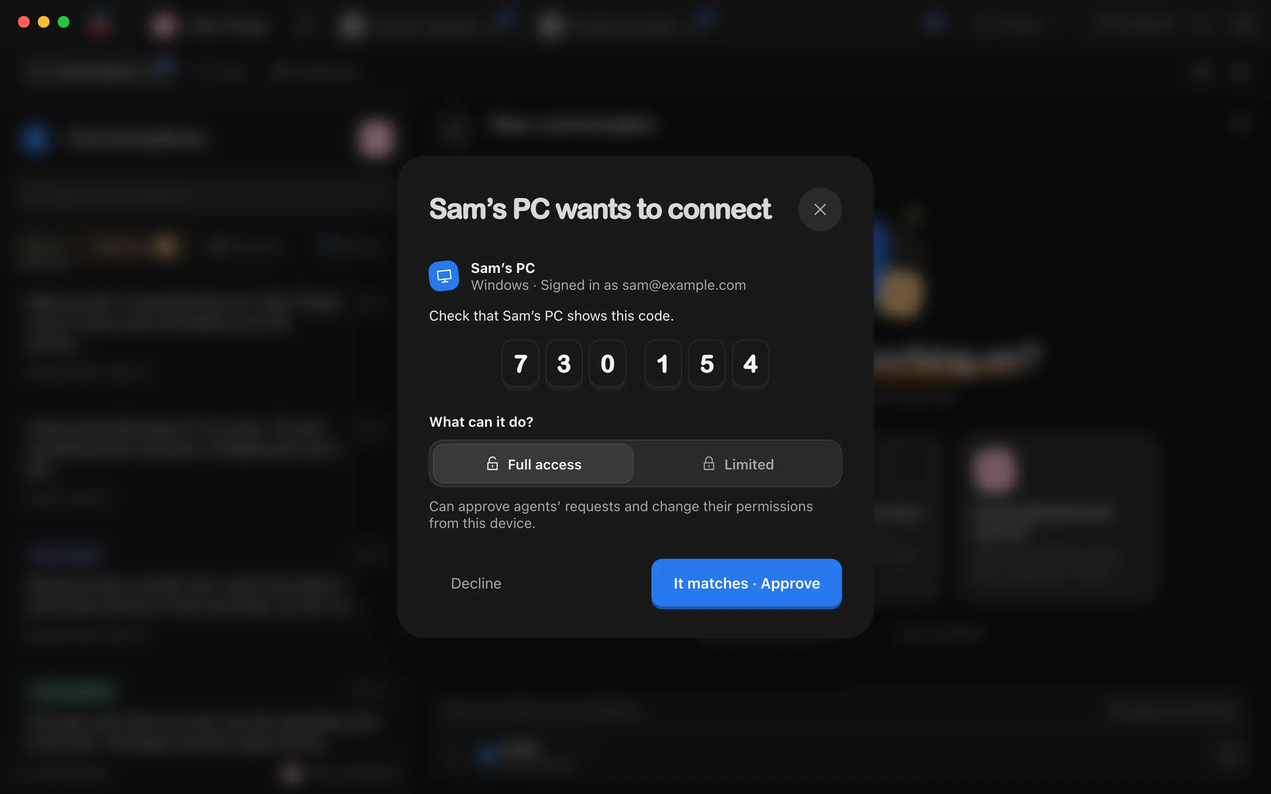 The main computer’s window saying Sam’s PC wants to connect, with six digits. Highlighted: It matches · Approve.