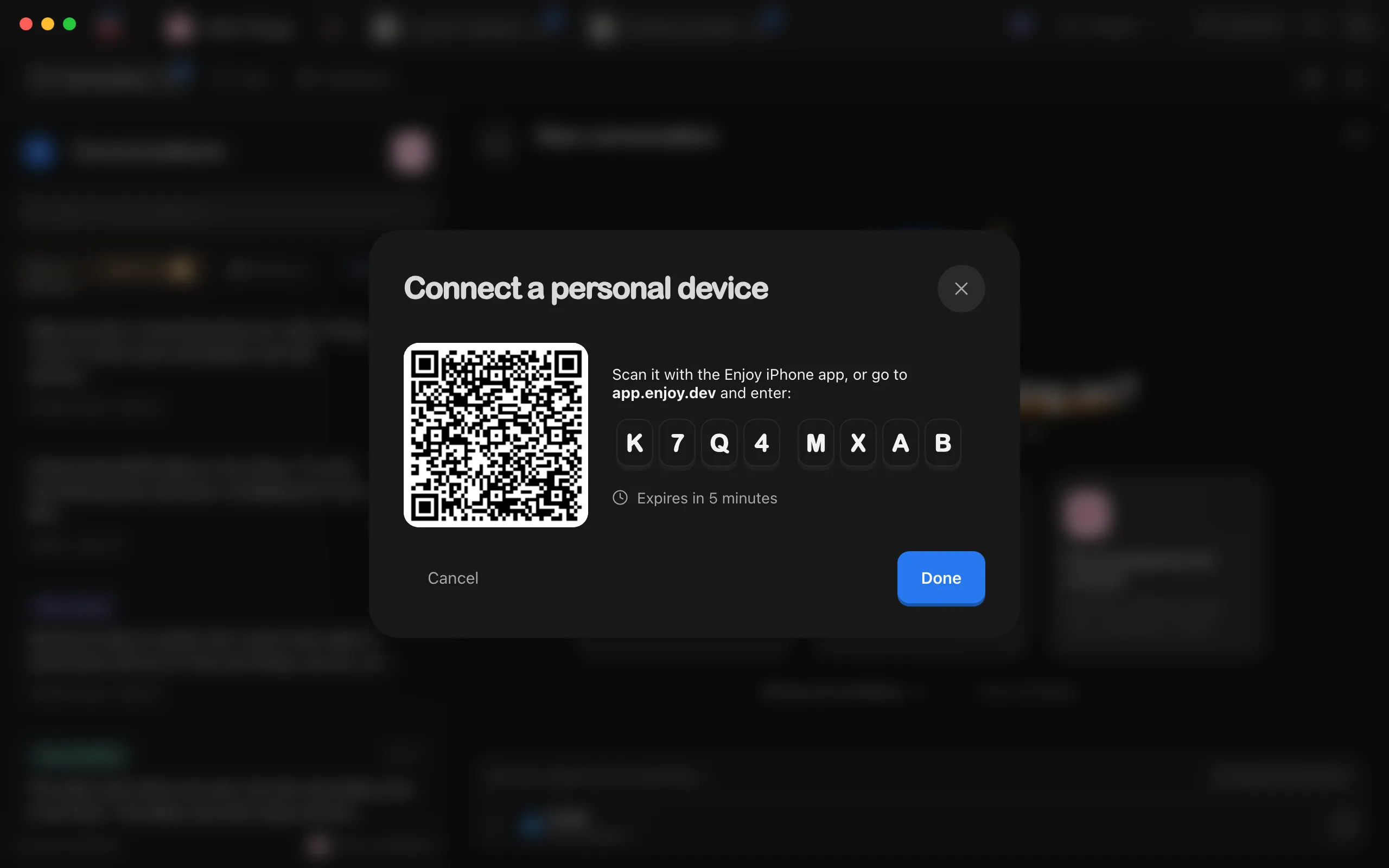 The Connect a personal device window with the QR code, the eight-character code, and the time left. Highlighted: The QR code.