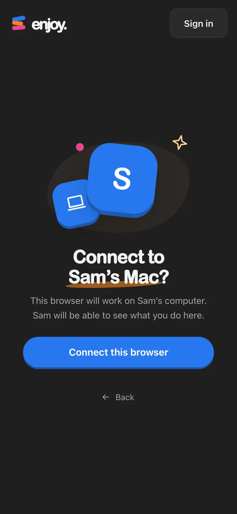 A phone’s browser after scanning the QR code, asking Connect to Sam’s Mac? Highlighted: Connect this browser.