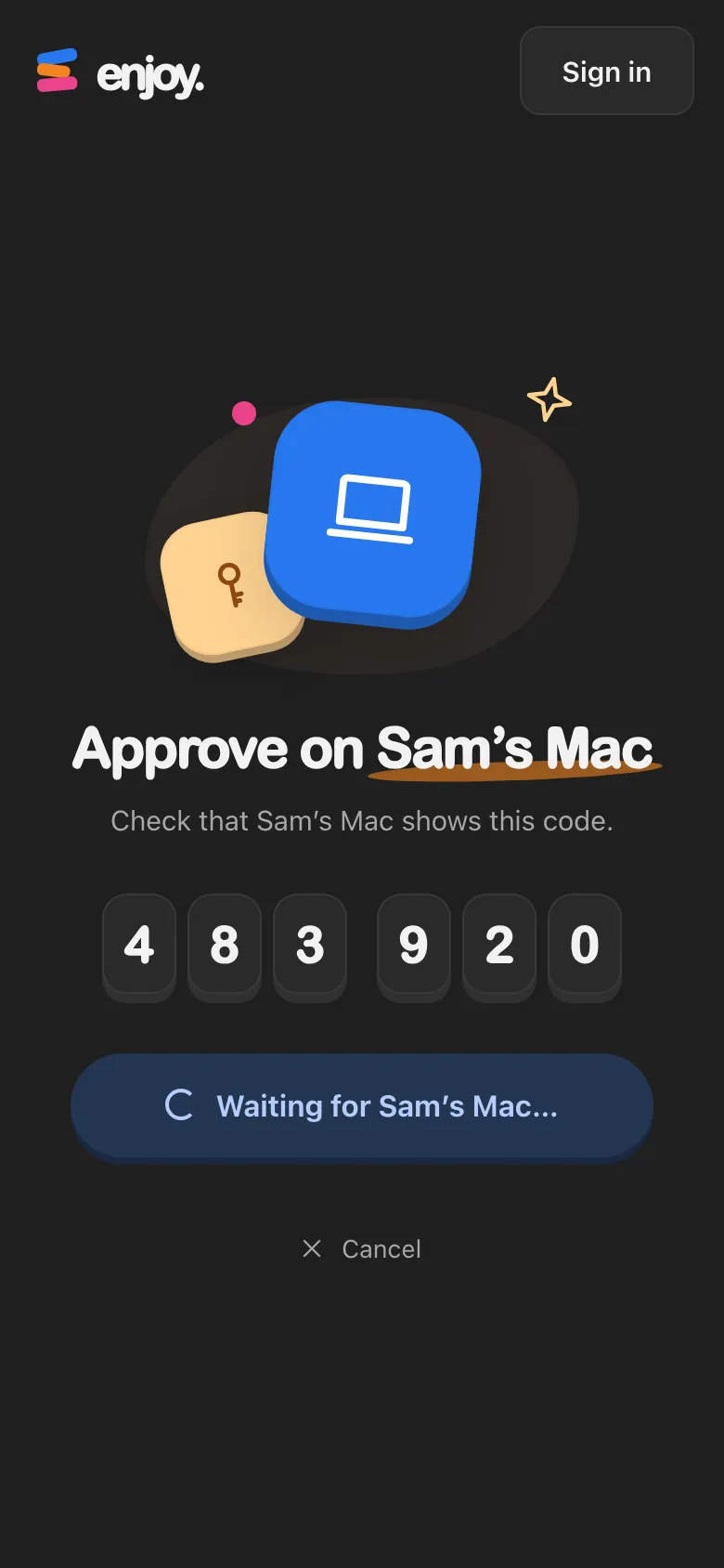A phone’s browser showing Approve on Sam’s Mac, with six digits and Waiting for Sam’s Mac. Highlighted: The six digits.