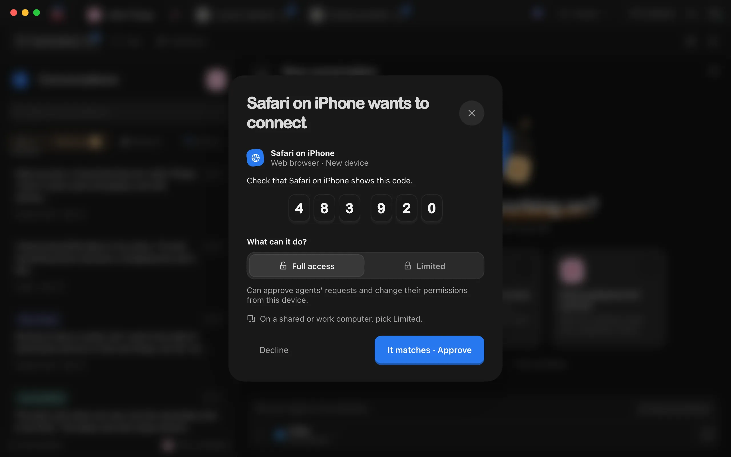 The computer’s window saying Safari on iPhone wants to connect, showing the same six digits. Highlighted: It matches · Approve.