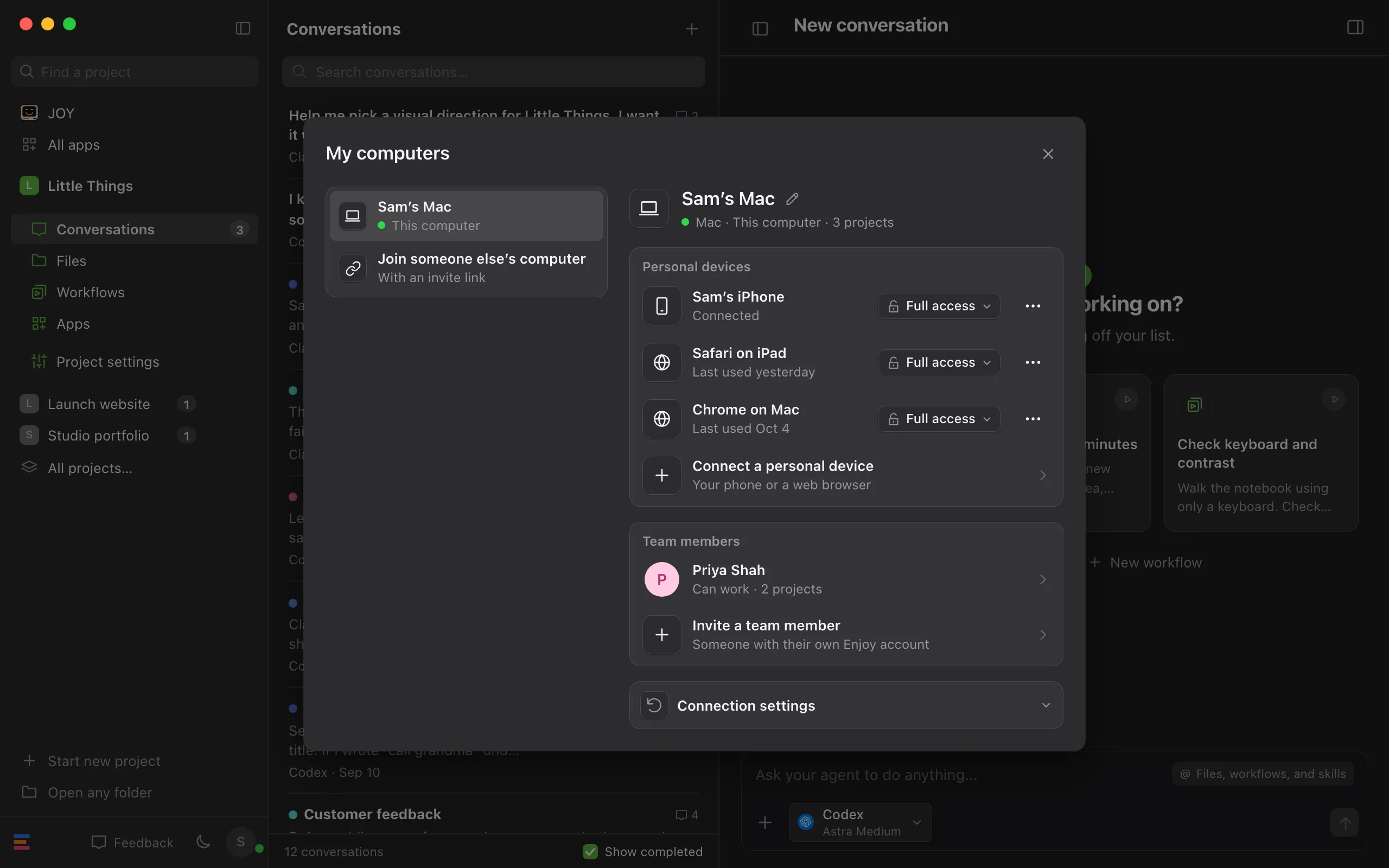 The My computers window with this computer selected, showing Personal devices and Team members. Highlighted: Personal devices.