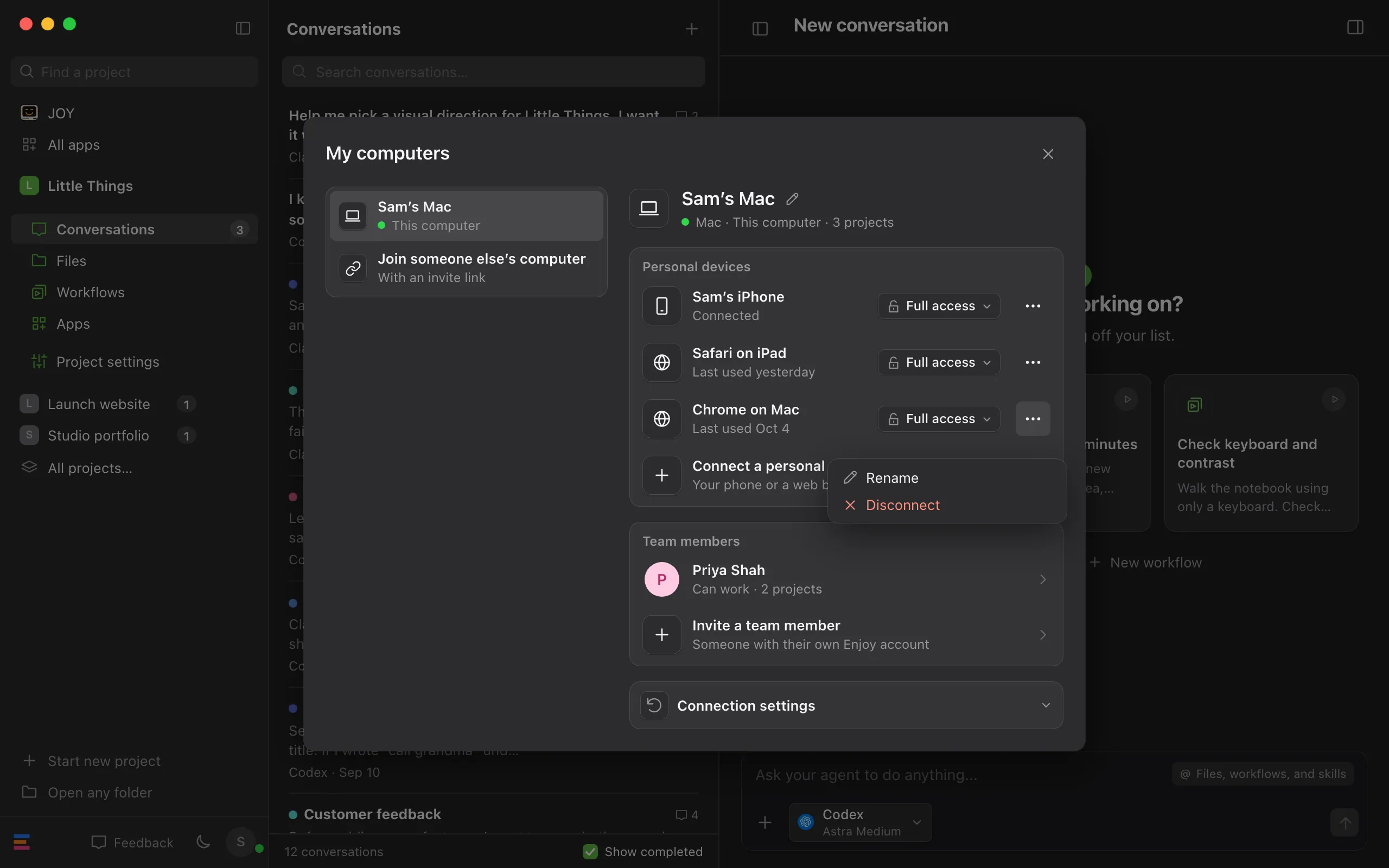 The menu for Chrome on Mac under Personal devices, showing Rename and Disconnect. Highlighted: Disconnect.