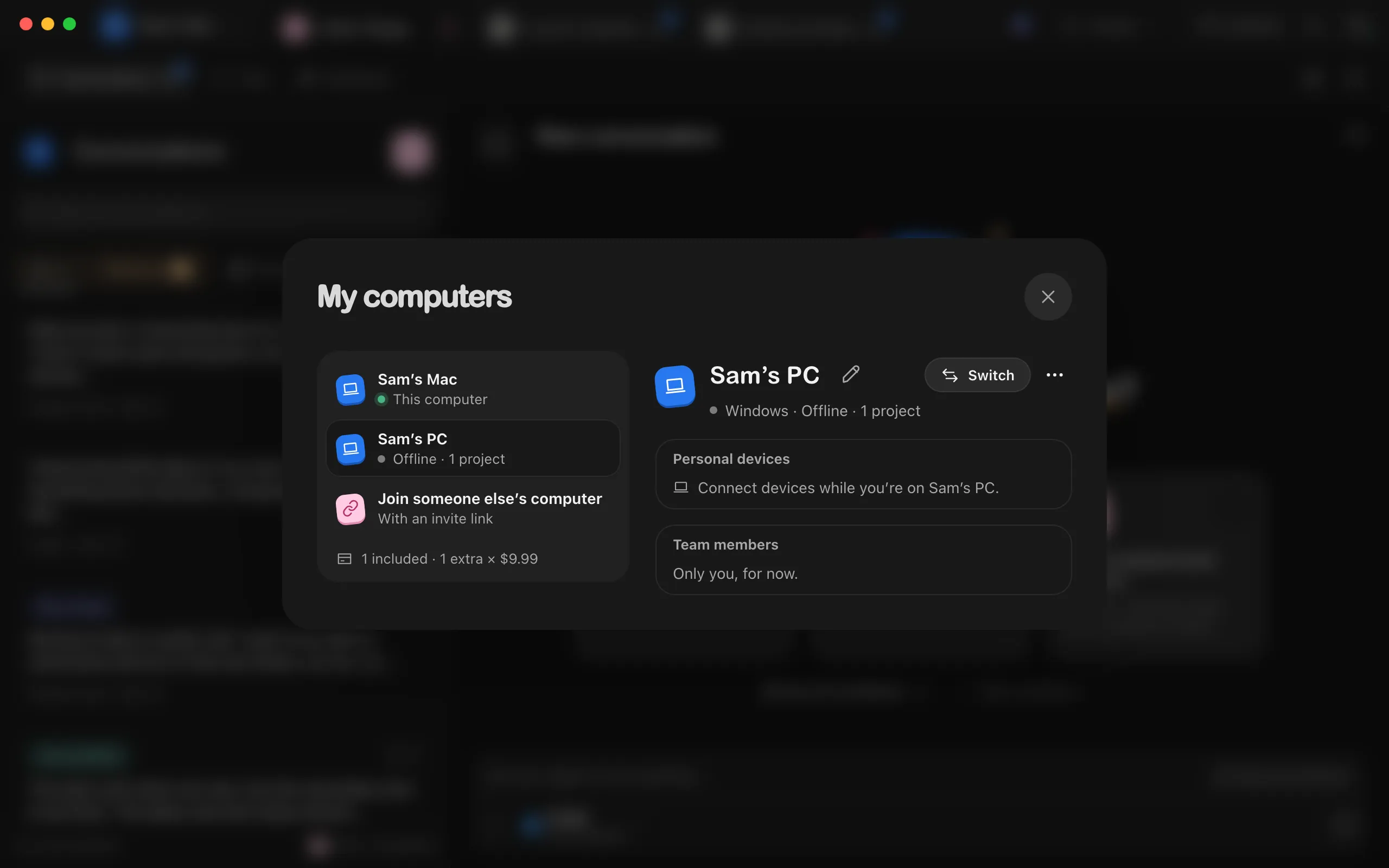 The My computers window with Sam’s PC selected, showing Switch and the ⋯ button. Highlighted: The ⋯ button.