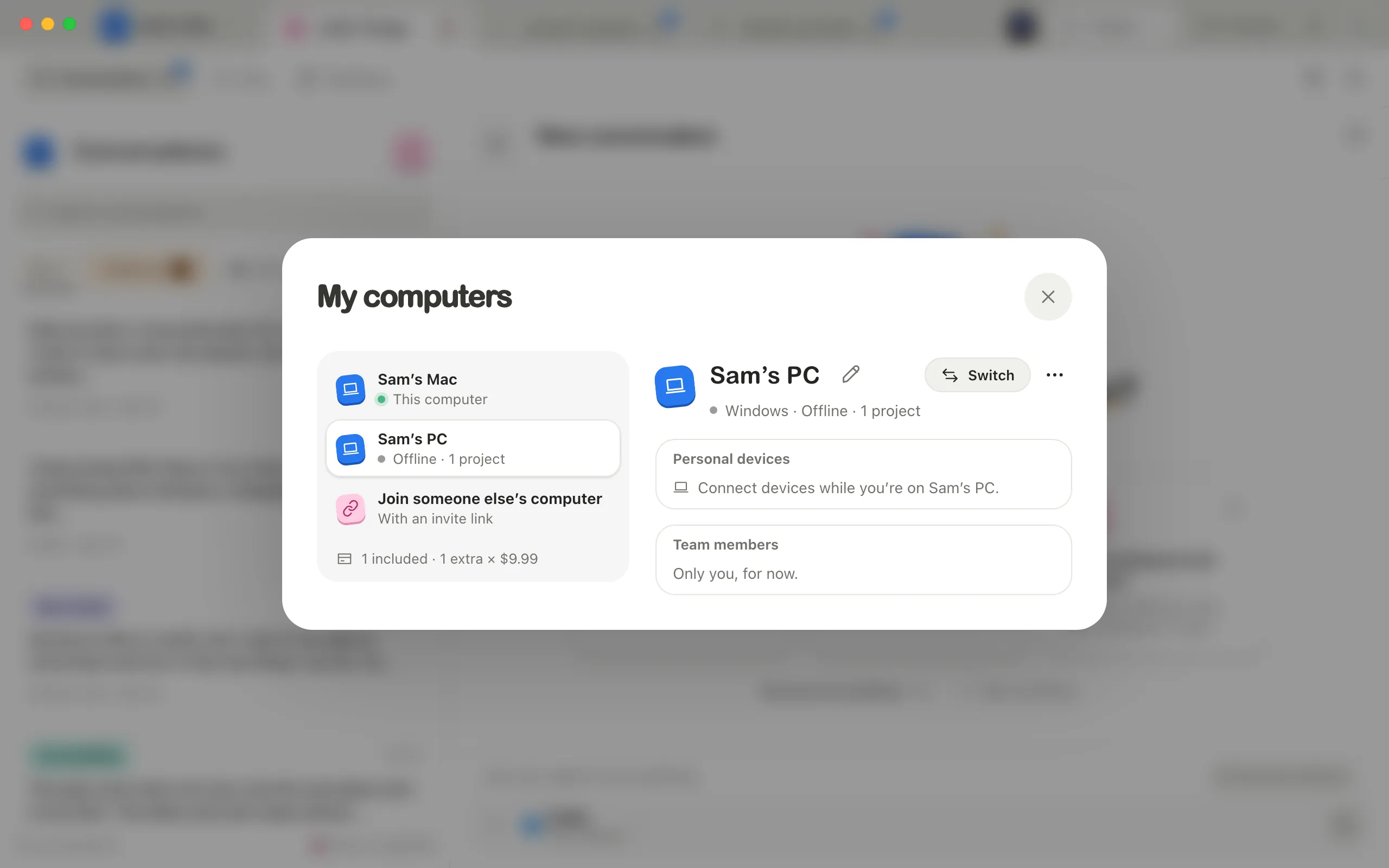The My computers window with Sam’s PC selected, showing Switch and the ⋯ button. Highlighted: The ⋯ button.