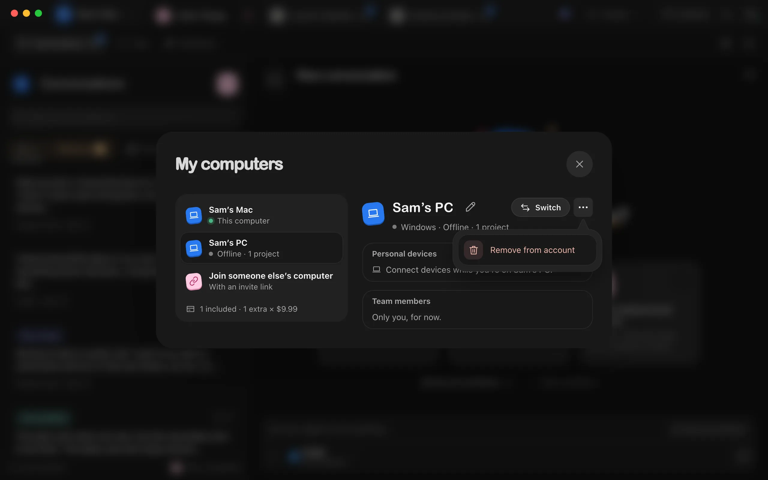 The ⋯ menu for Sam’s PC, with Remove from account. Highlighted: Remove from account.