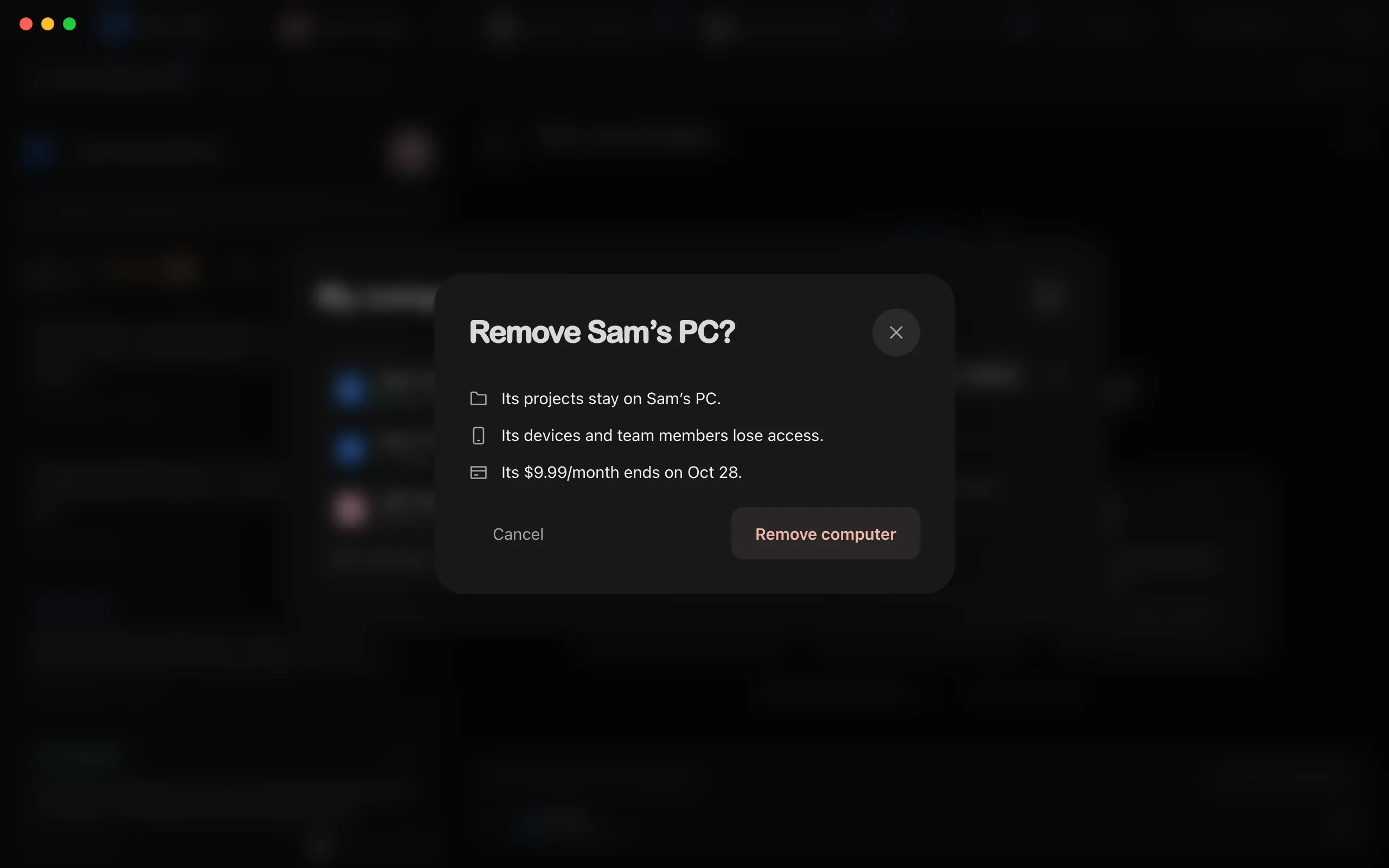 The Remove Sam’s PC? window listing what happens, with Cancel and Remove computer. Highlighted: Remove computer.