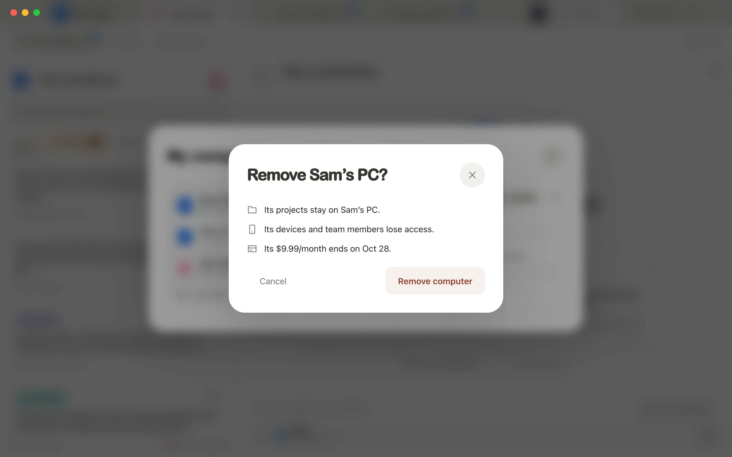 The Remove Sam’s PC? window listing what happens, with Cancel and Remove computer. Highlighted: Remove computer.