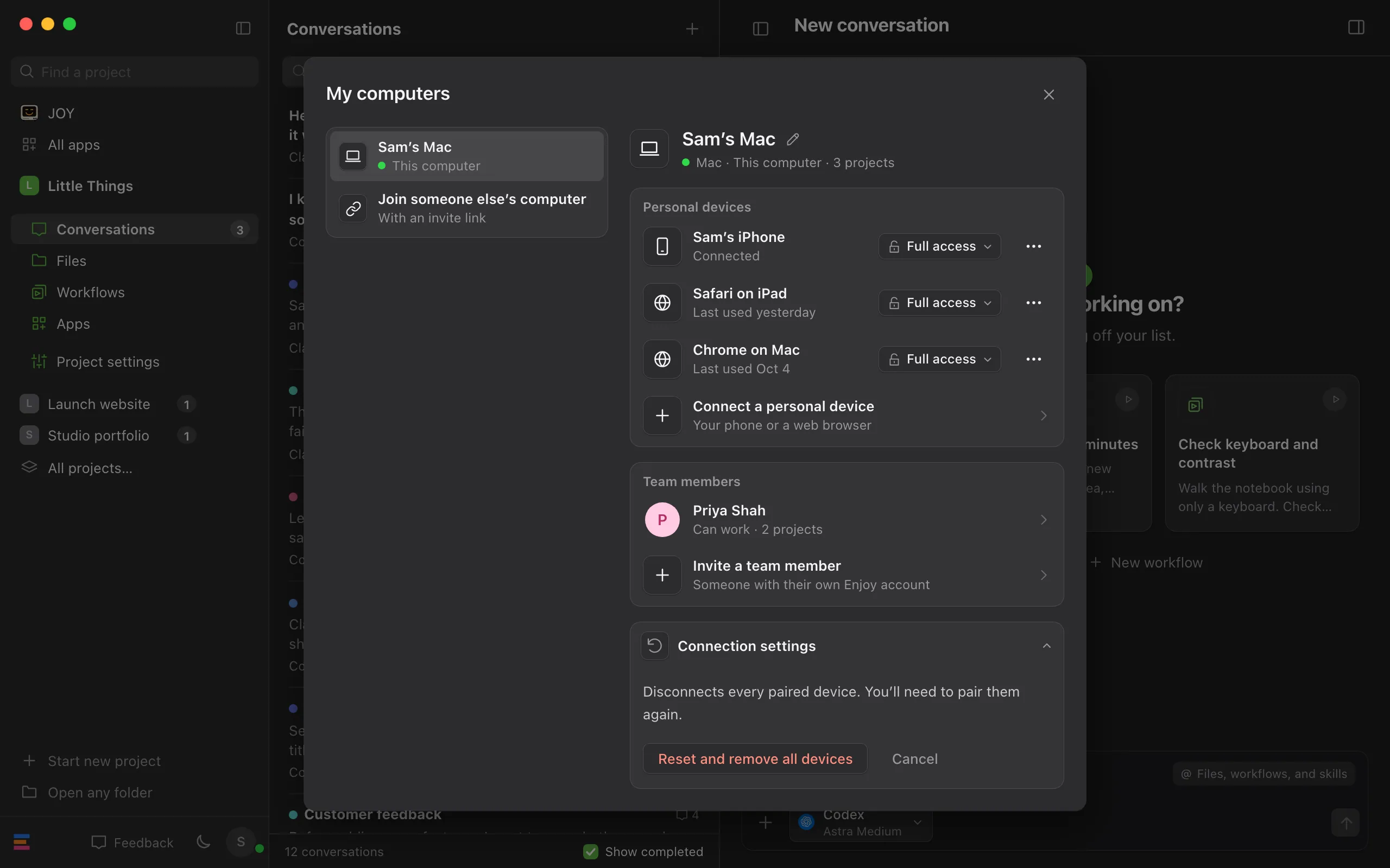 The open Connection settings panel explaining that every paired device disconnects. Highlighted: Reset and remove all devices.