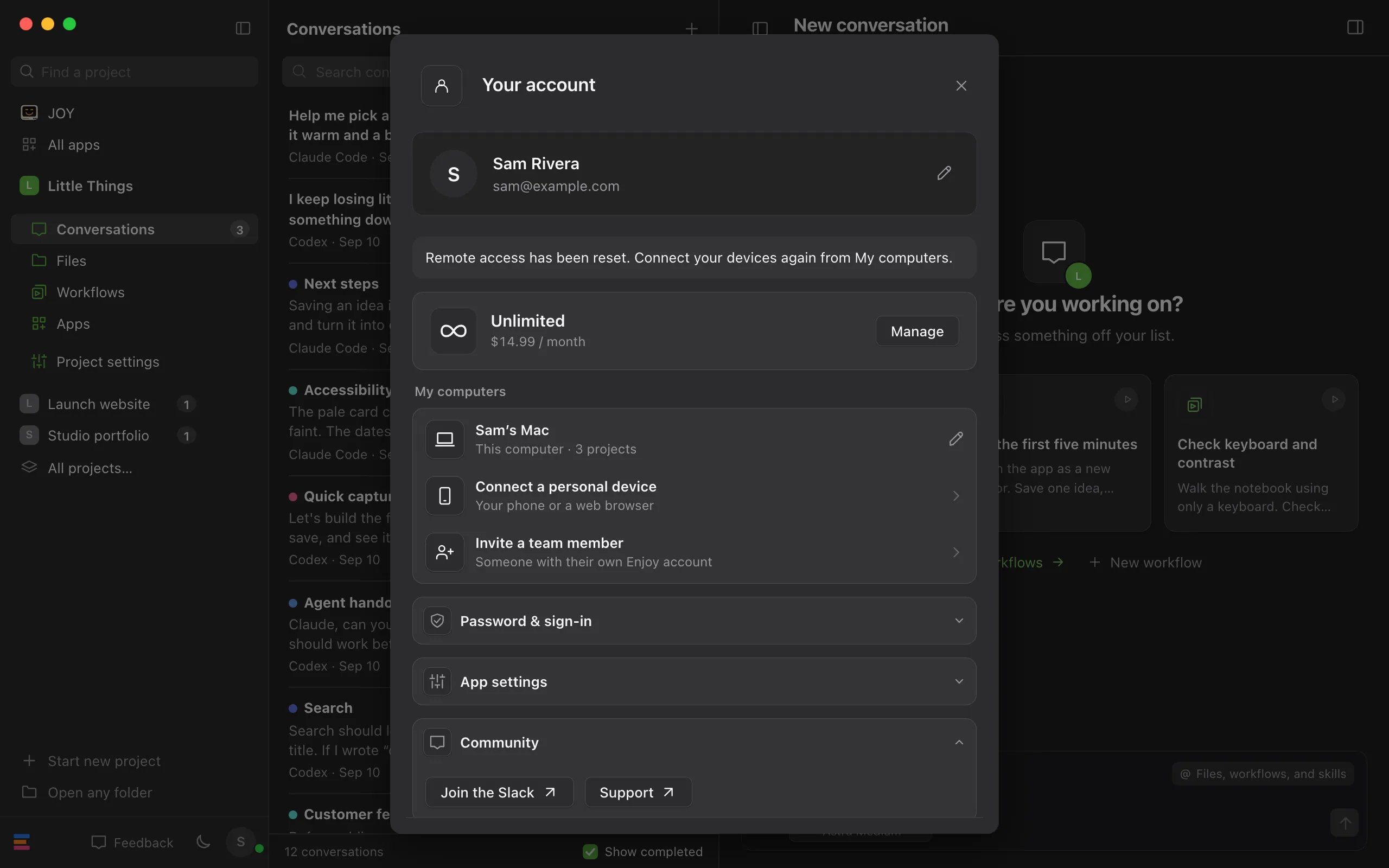 Your account after the reset, saying Remote access has been reset. Connect your devices again from My computers. Highlighted: Connect a personal device.