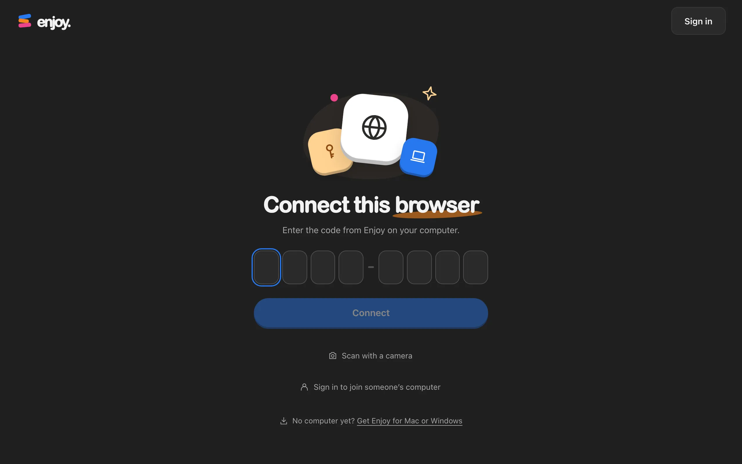 The Connect this browser page at app.enjoy.dev, with eight empty code boxes. Highlighted: The code boxes.