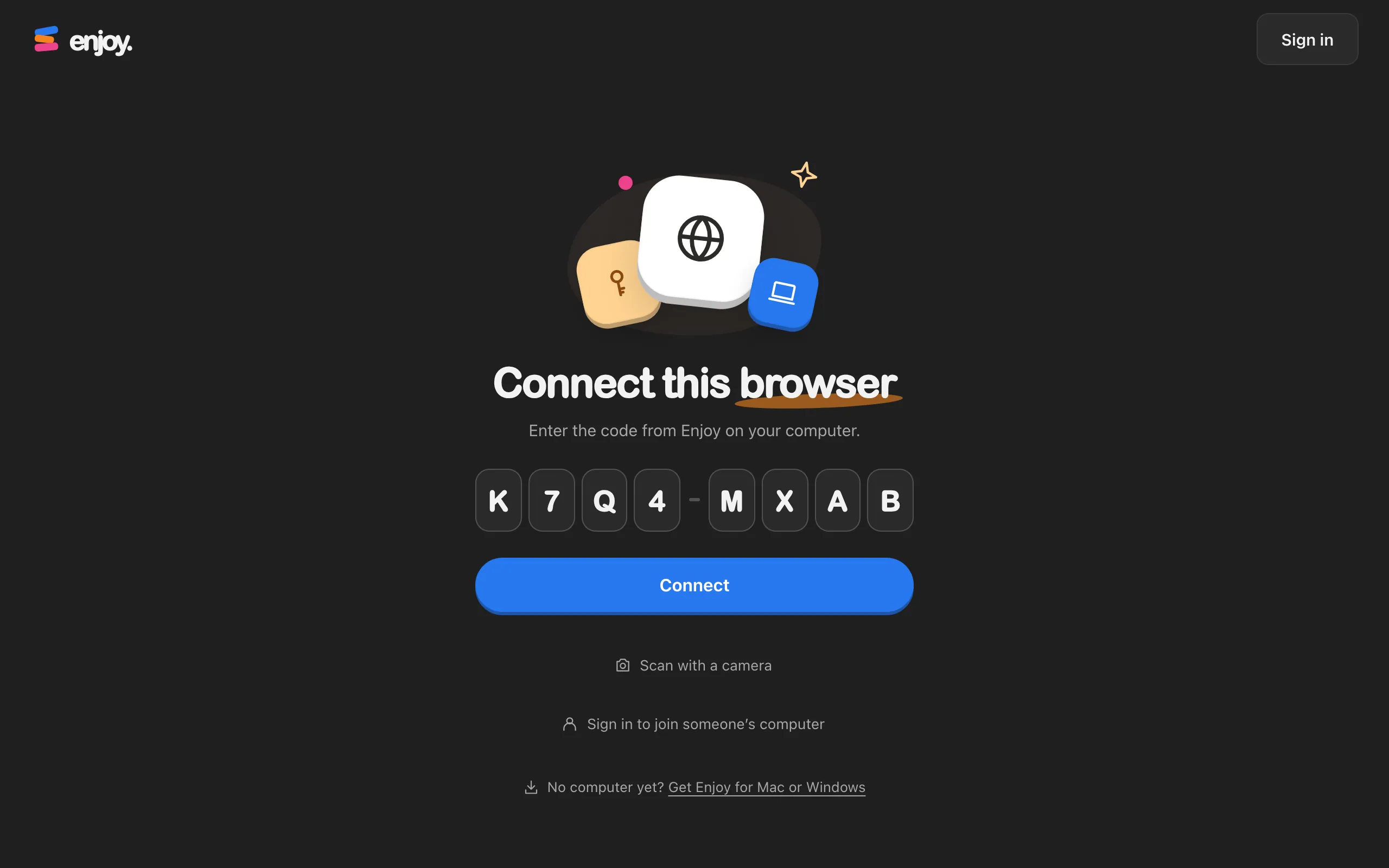 The Connect this browser page with the eight-character code typed in. Highlighted: Connect.