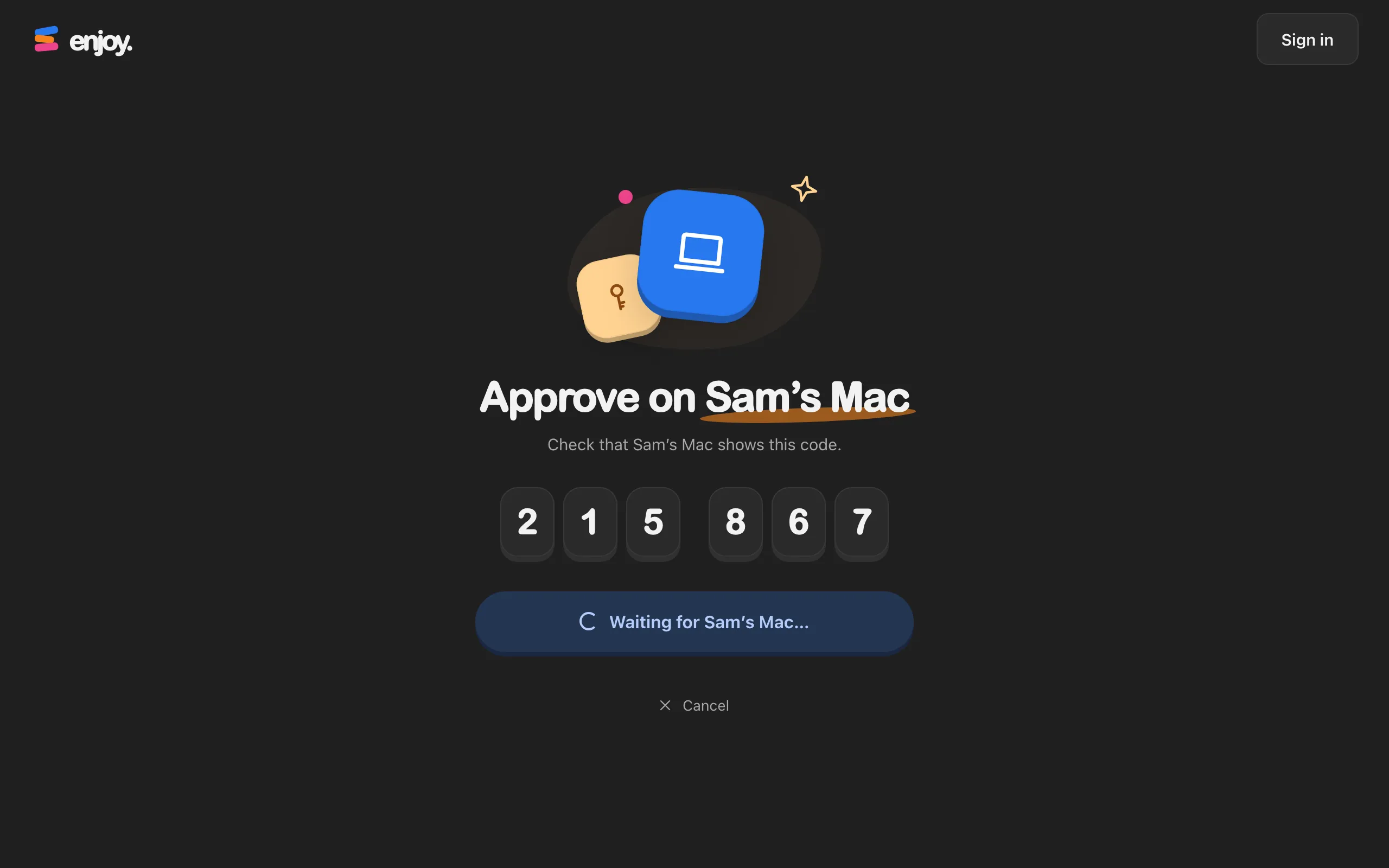 The browser showing Approve on Sam’s Mac, with six digits. Highlighted: The six digits.