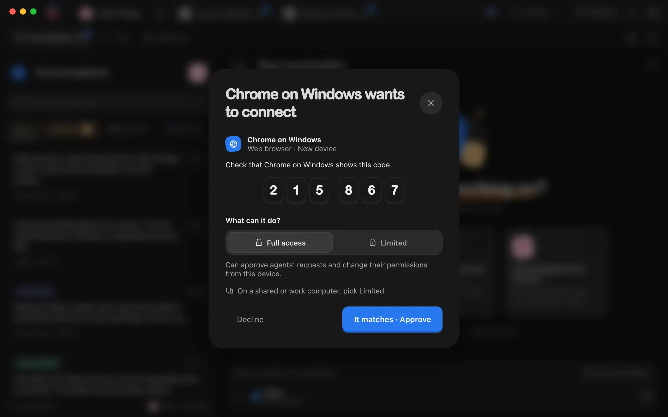 The window on the computer saying Chrome on Windows wants to connect, with six digits. Highlighted: It matches · Approve.