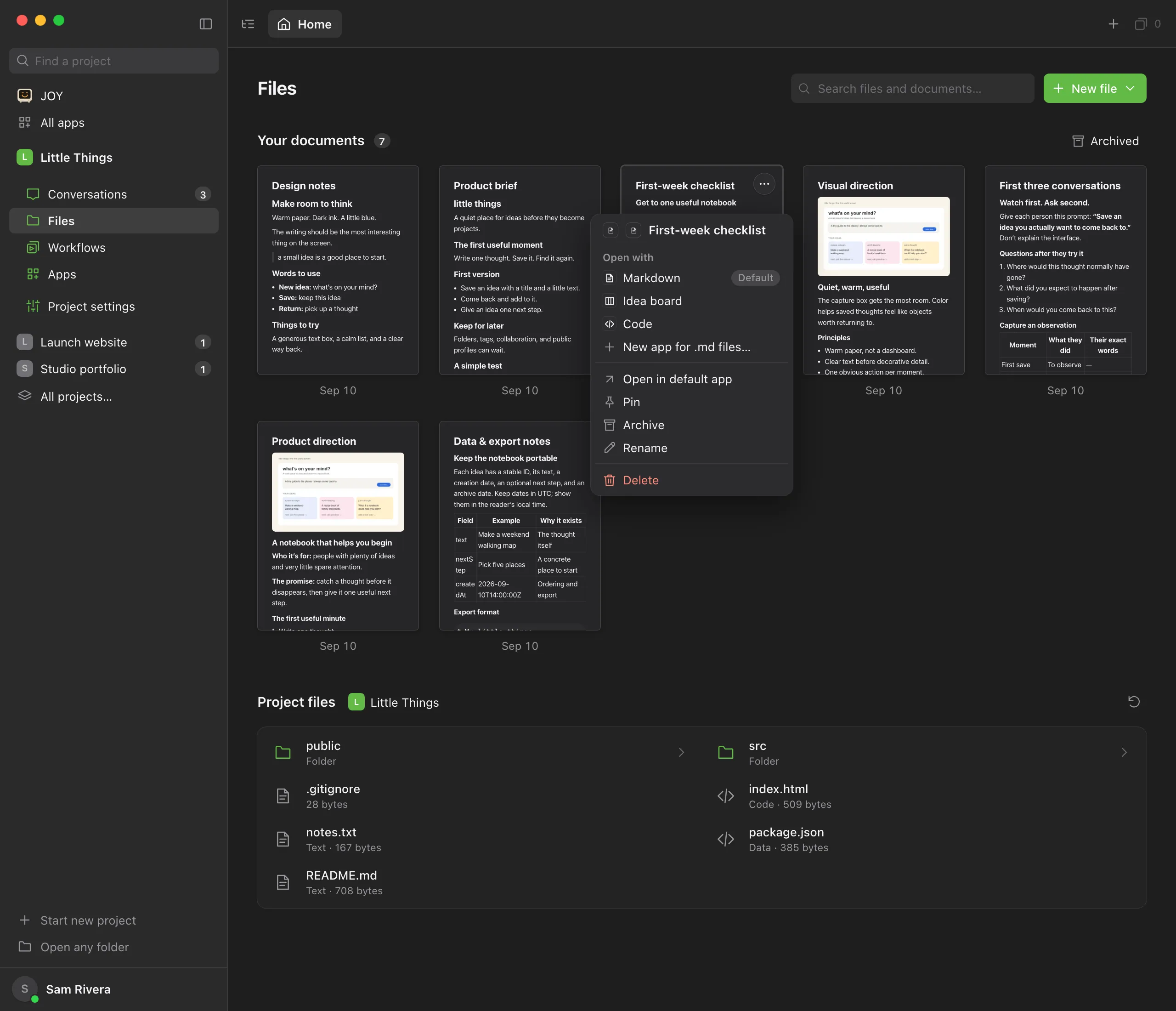 Files home with the menu for the First-week checklist document open. Below the editors under Open with are Open in default app, Pin, Archive, Rename, and Delete. Highlighted: Archive.