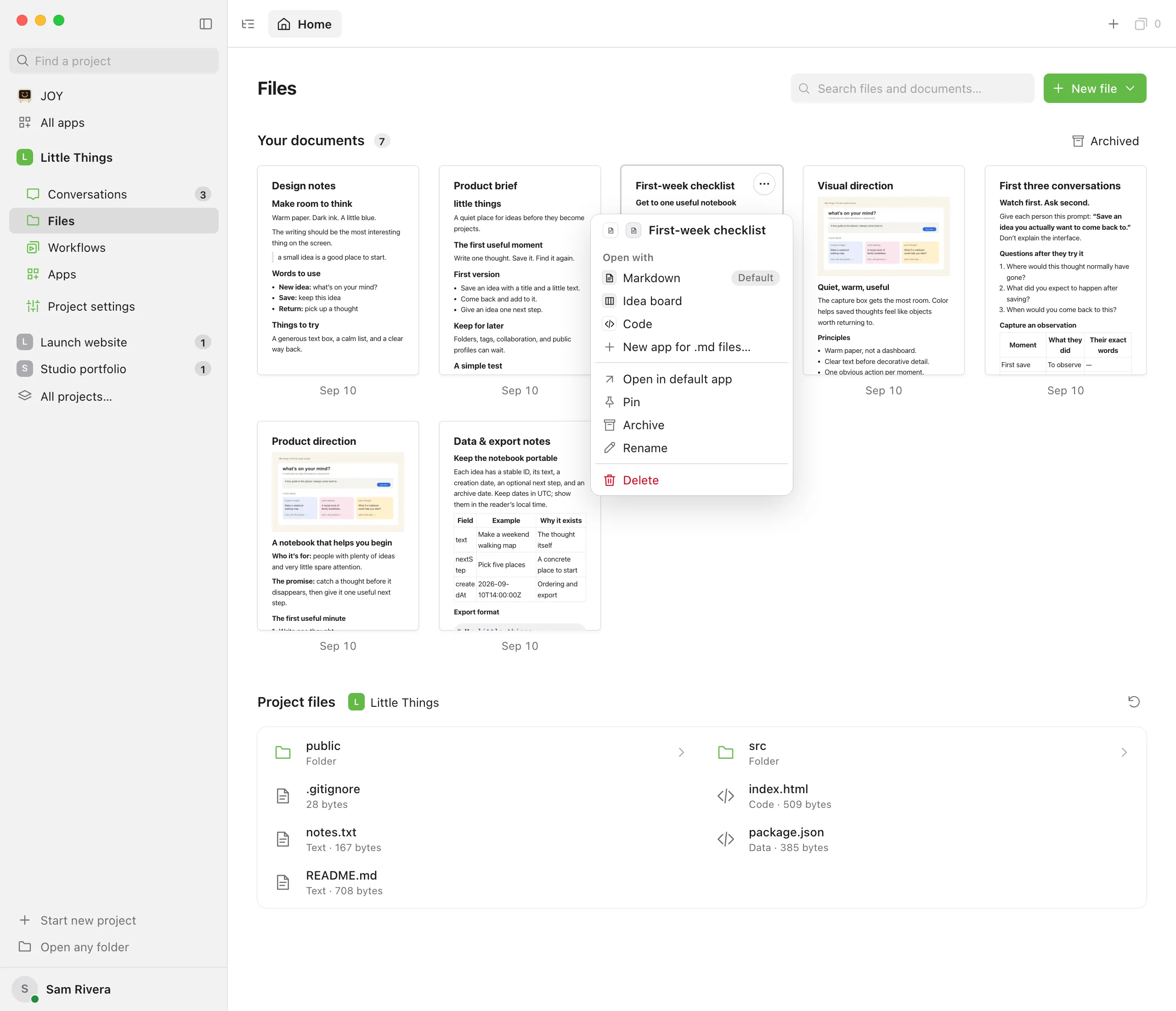 Files home with the menu for the First-week checklist document open. Below the editors under Open with are Open in default app, Pin, Archive, Rename, and Delete. Highlighted: Archive.