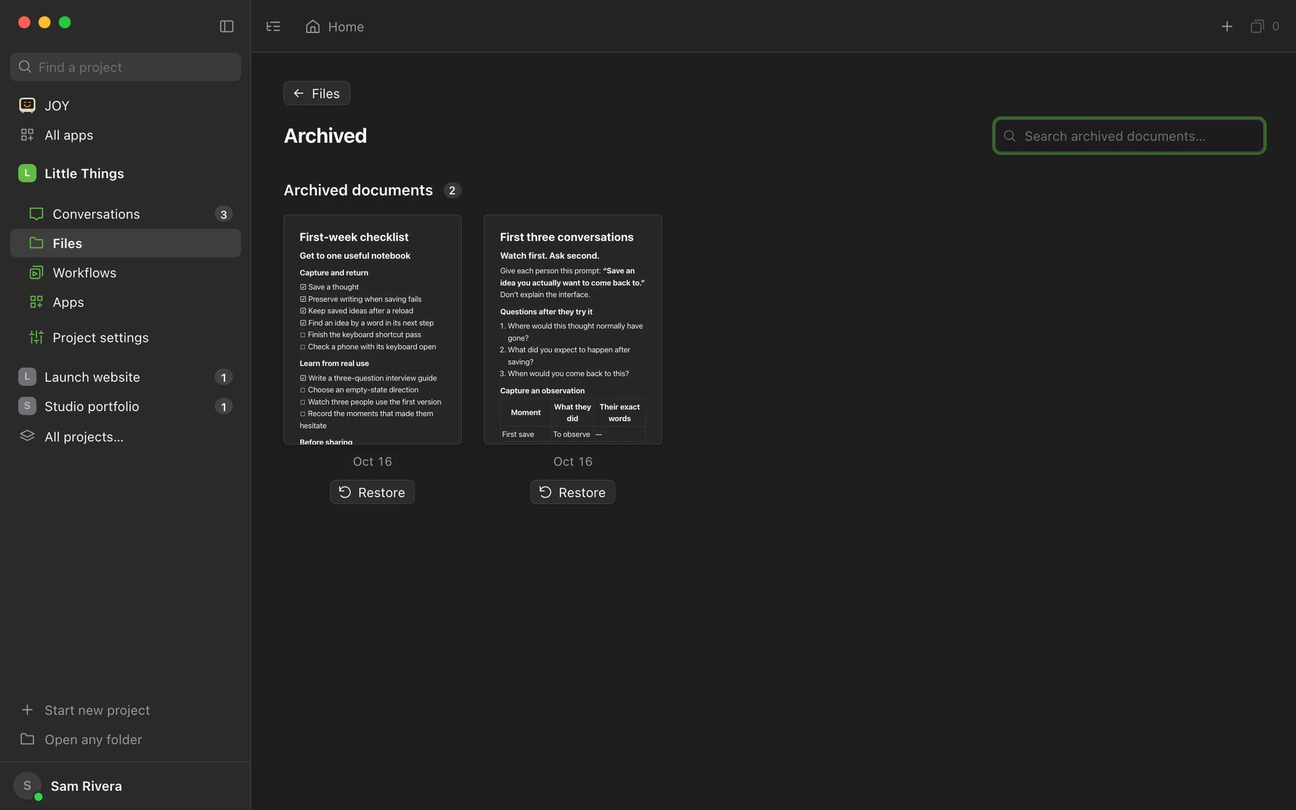 The Archived page listing archived documents, each with a Restore button. Highlighted: Restore.