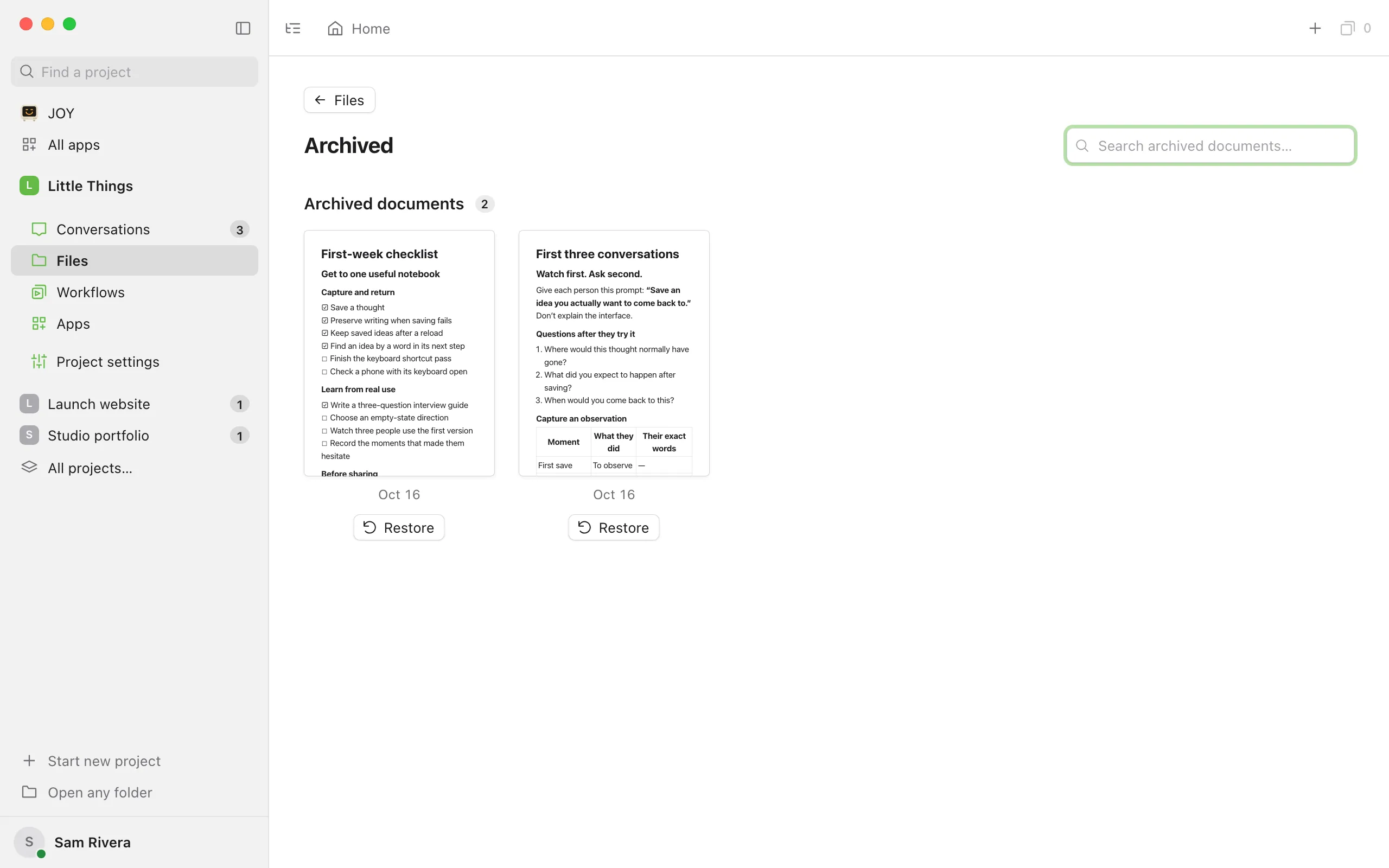 The Archived page listing archived documents, each with a Restore button. Highlighted: Restore.