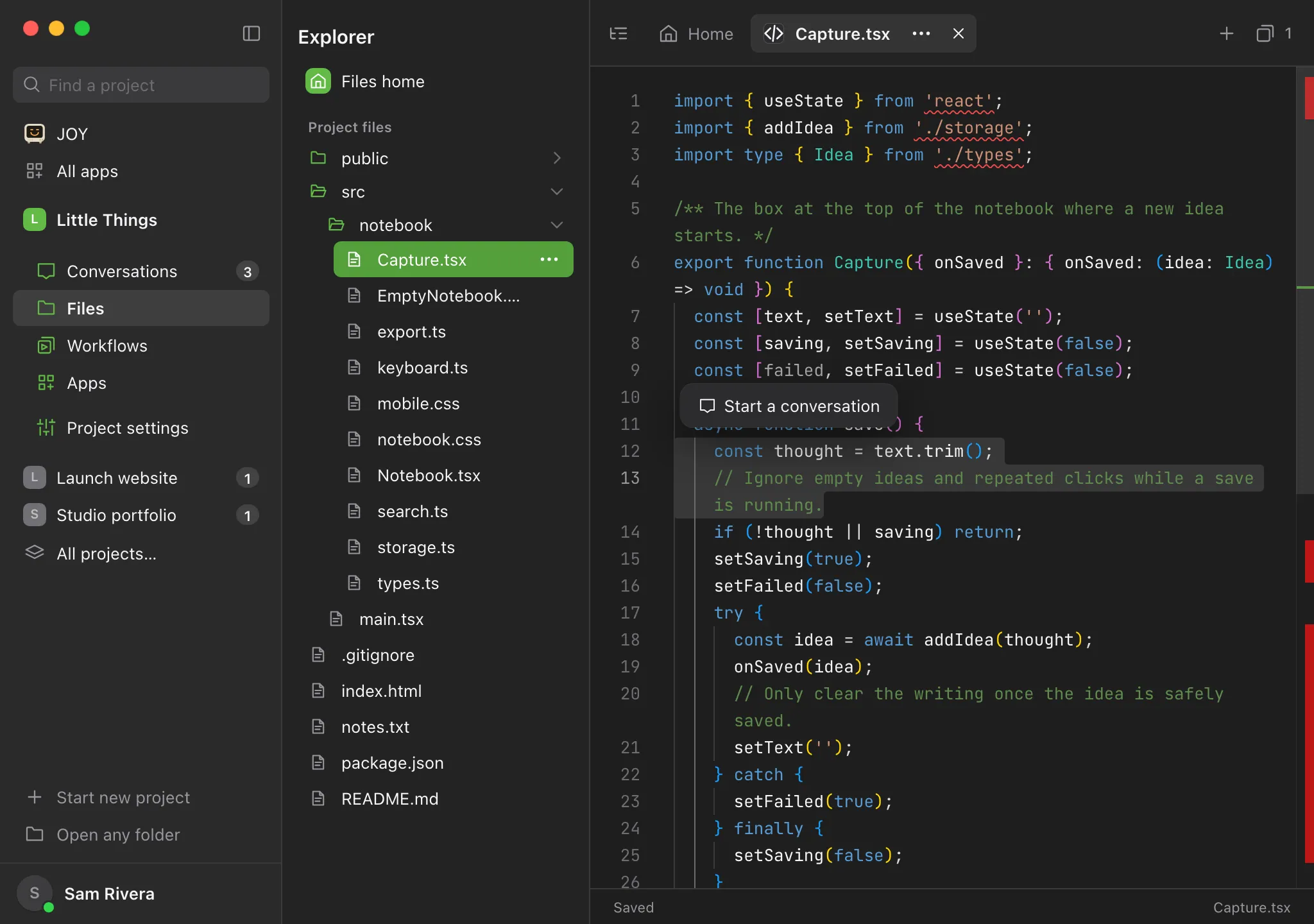 A code file with a few lines selected and a small Start a conversation button floating above the selection. Highlighted: Start a conversation.