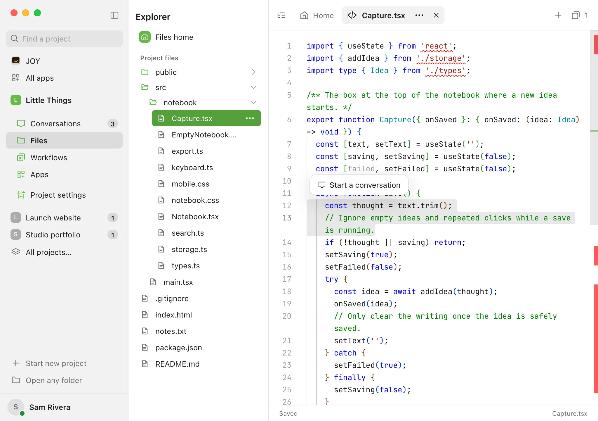A code file with a few lines selected and a small Start a conversation button floating above the selection. Highlighted: Start a conversation.
