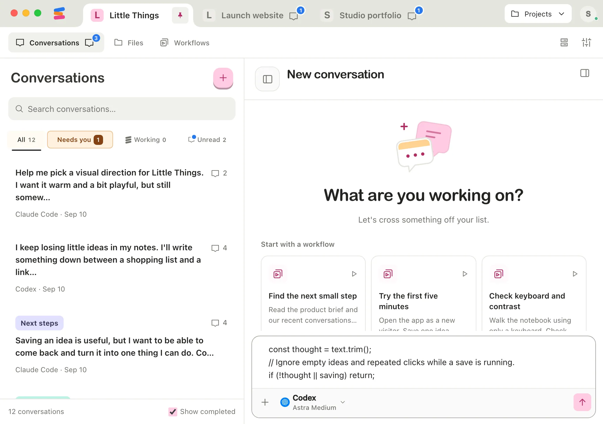 A new conversation with the selected code already in the message box. Highlighted: The message box.