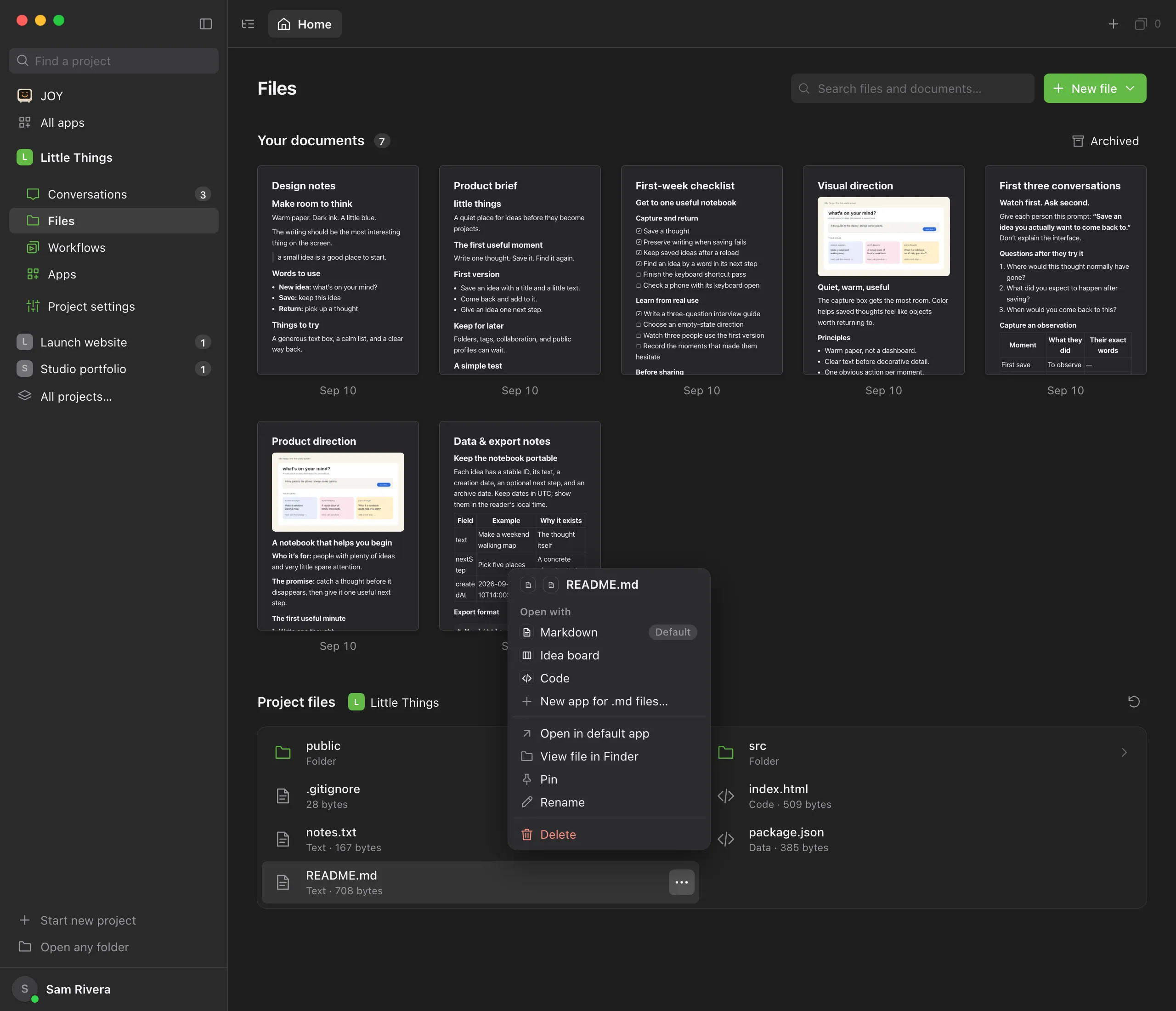 A Markdown file's menu open, with the Open with group at the top listing Markdown (marked Default), an app the project made, and Code, then New app for .md files. Highlighted: Open with.