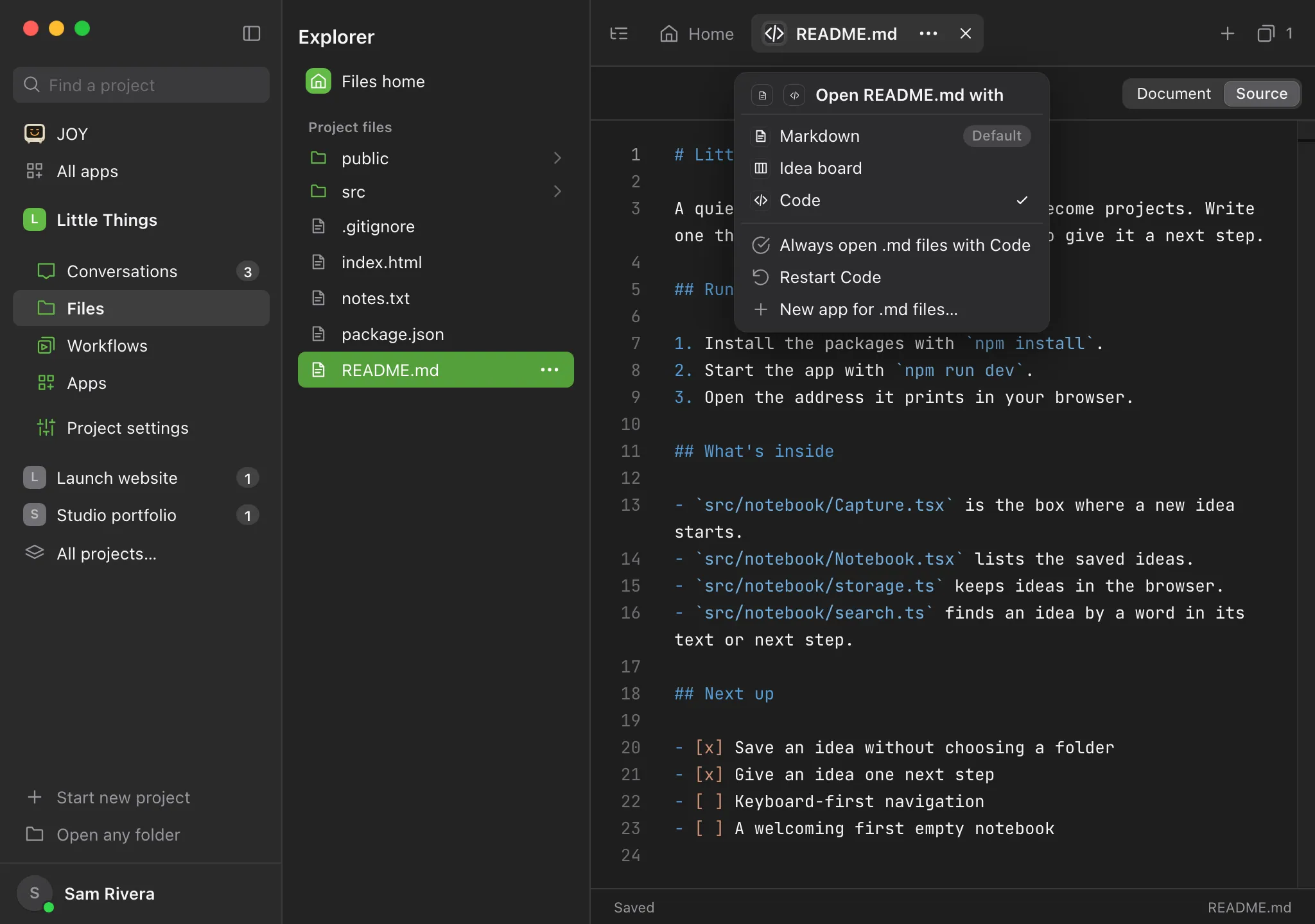An open tab's menu, opened from the app's small key at the start of the tab, listing the apps that open the file, then Always open, Restart, and New app for .md files. Highlighted: The app's key on the tab.