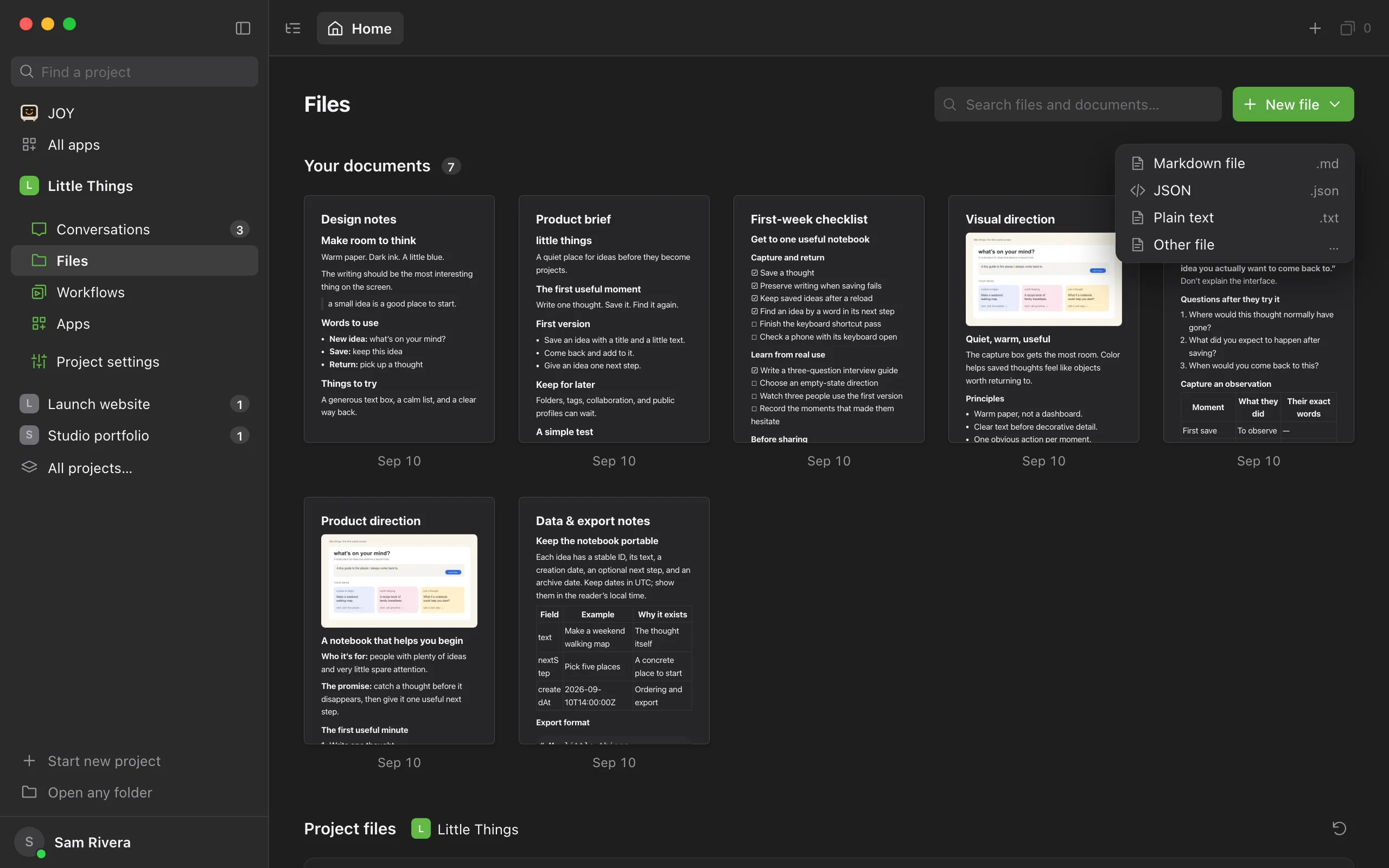 Files home with the New file menu open, listing Markdown file, JSON, Plain text, and Other file. Highlighted: Markdown file.