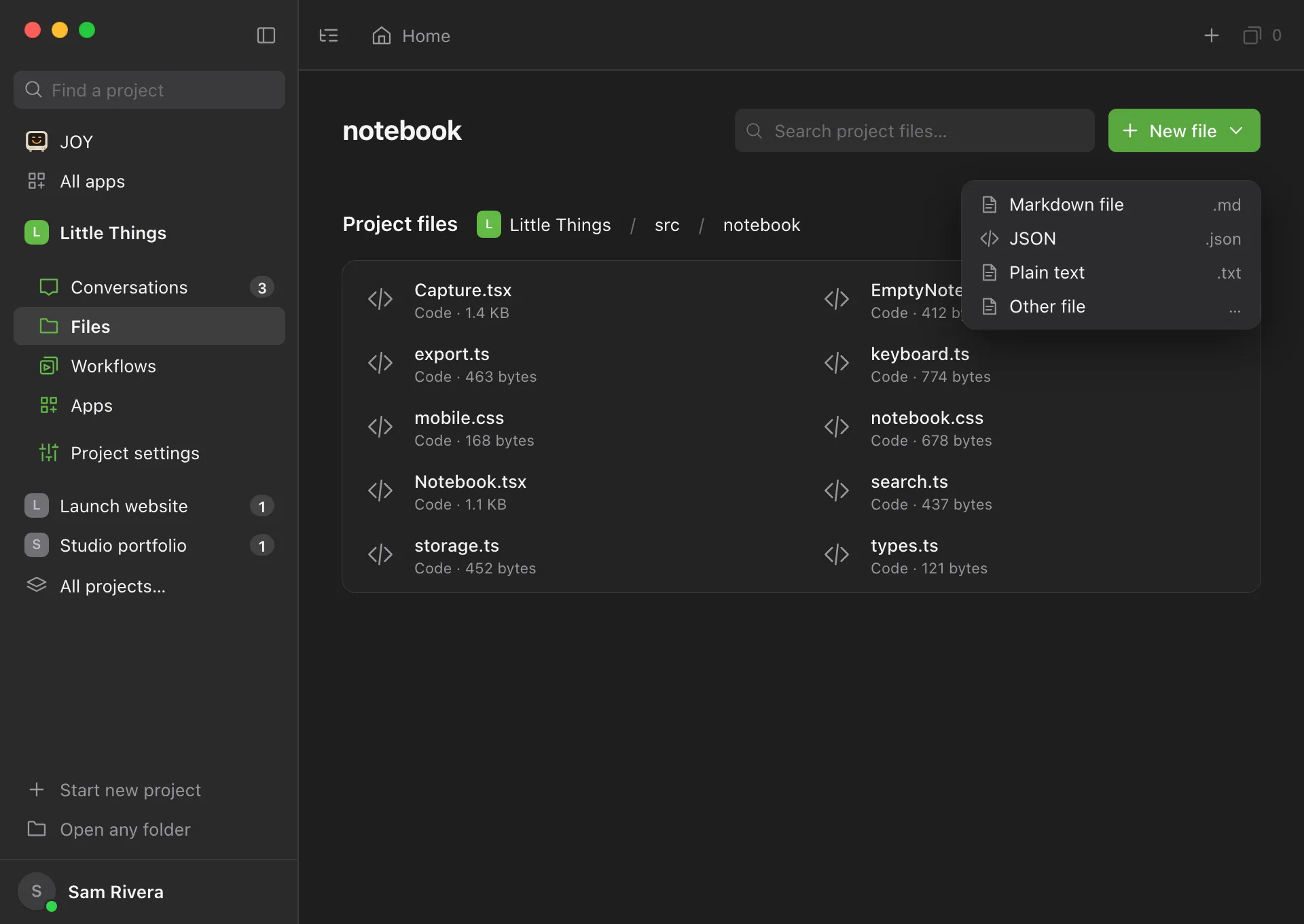 Files showing a project folder, with the New file menu open. Highlighted: New file.
