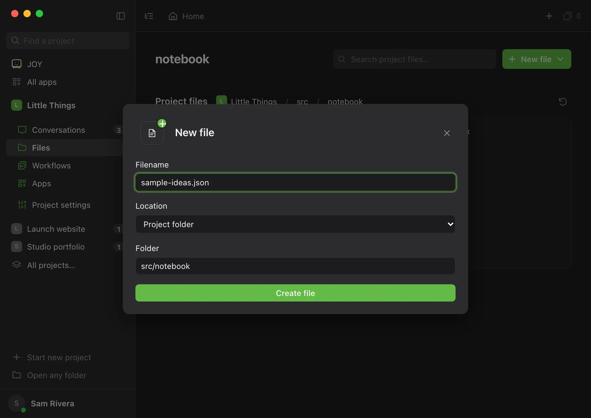 The New file dialog with Filename, Location set to Project folder, and Folder filled in with the current folder. Highlighted: Create file.